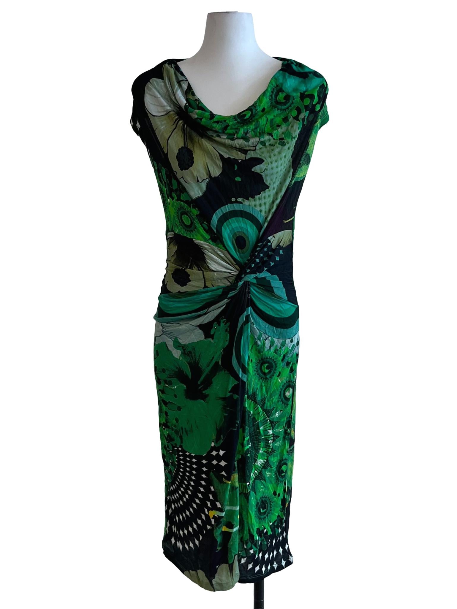 Green Black Abstract Cowl Neck Dress