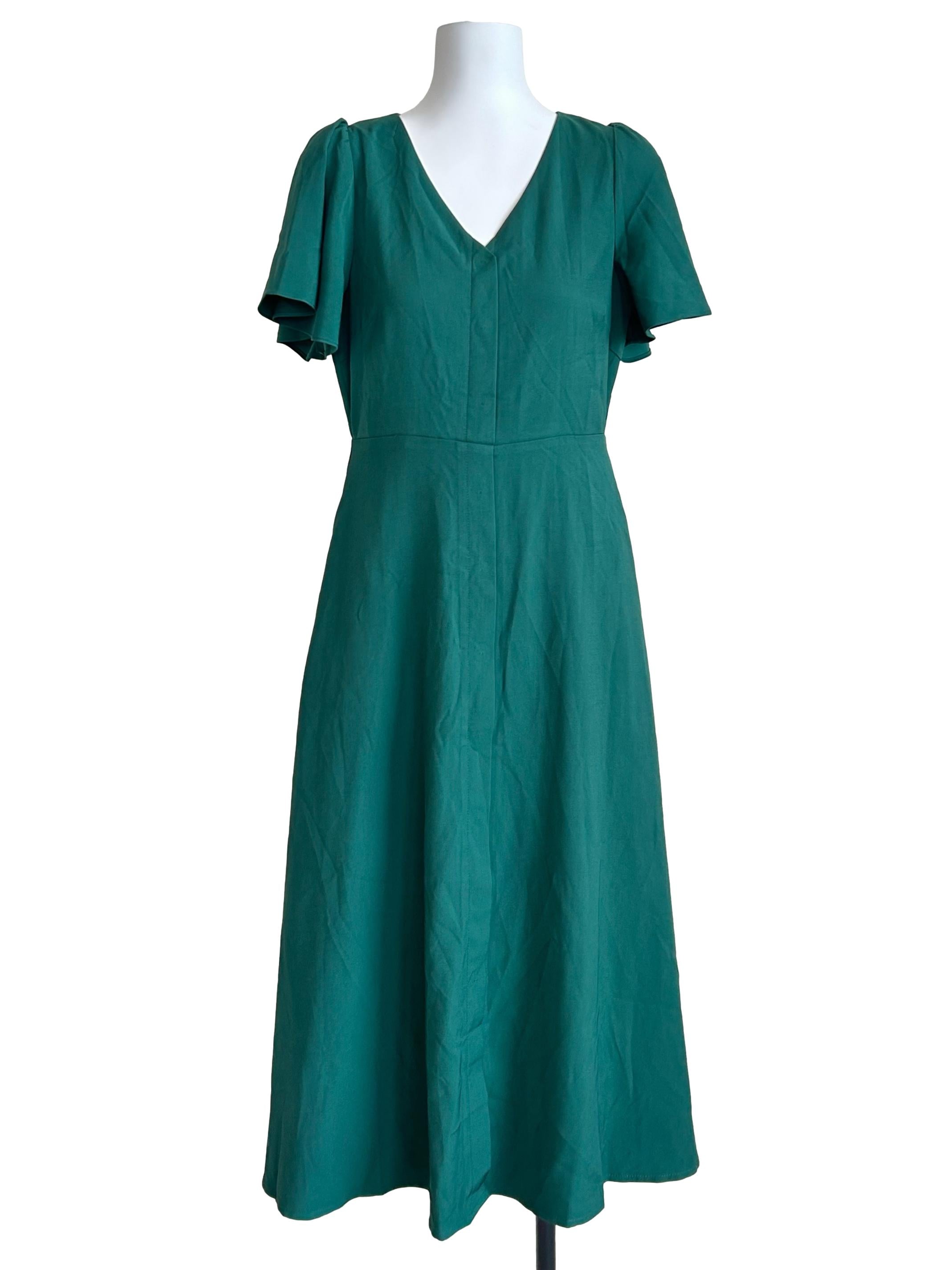 Forest Green Flutter-Sleeve A-Line Dress