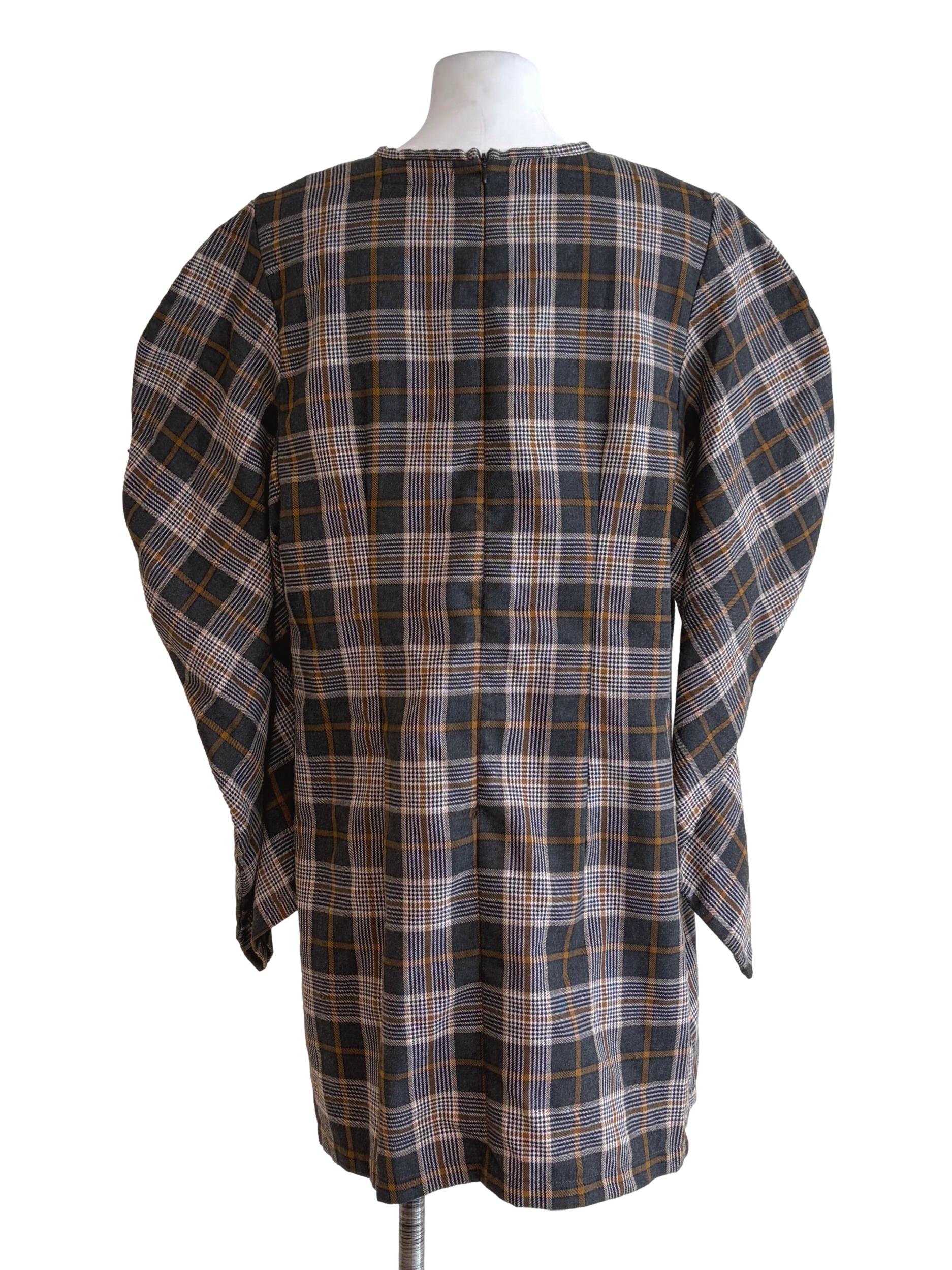 Pebble Grey Plaid Long Sleeve Dress