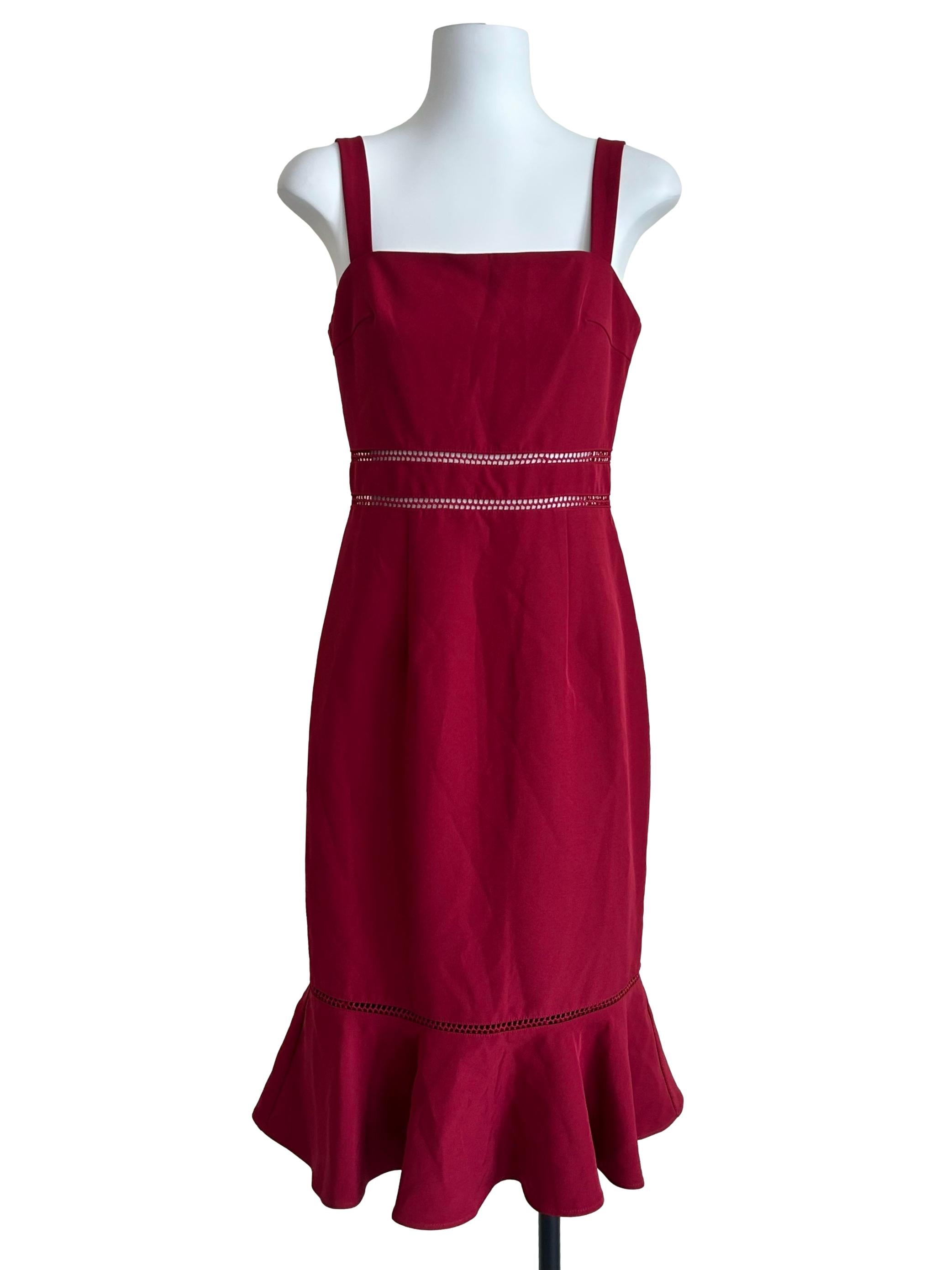 Burgundy Ladder-Lace Flounce Midi Dress