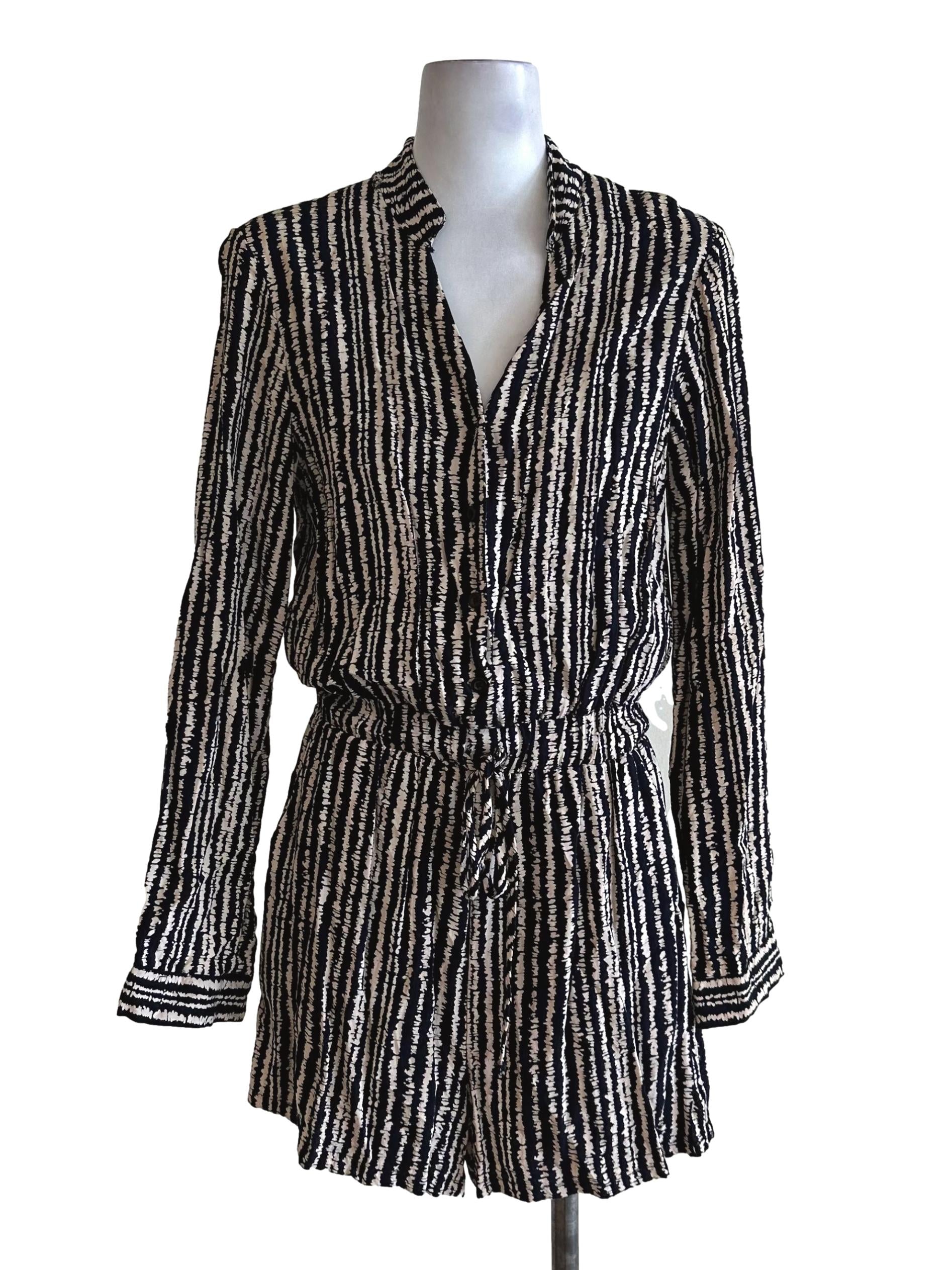 Black Beige Pattern Long Sleeve Rompers