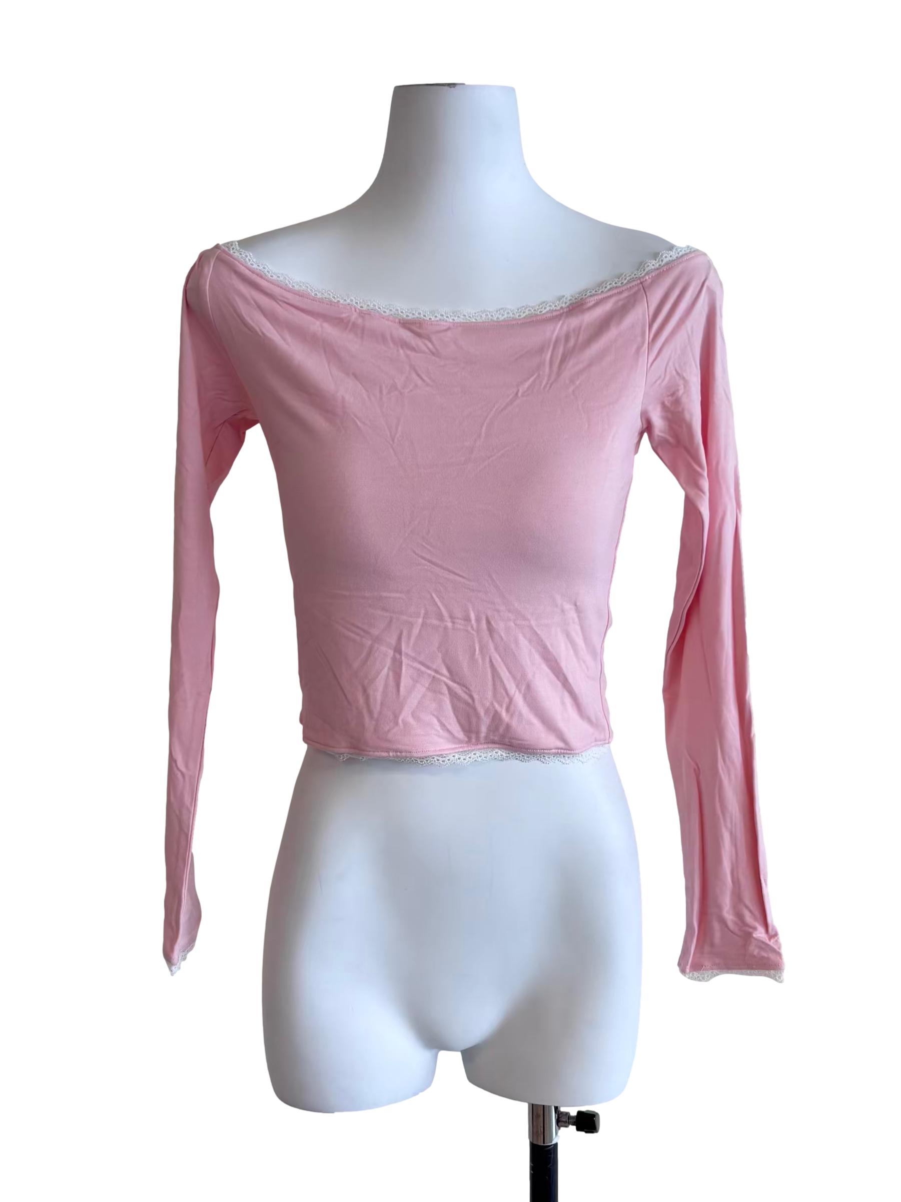 Baby Pink Lace Hem Long Sleeve Top