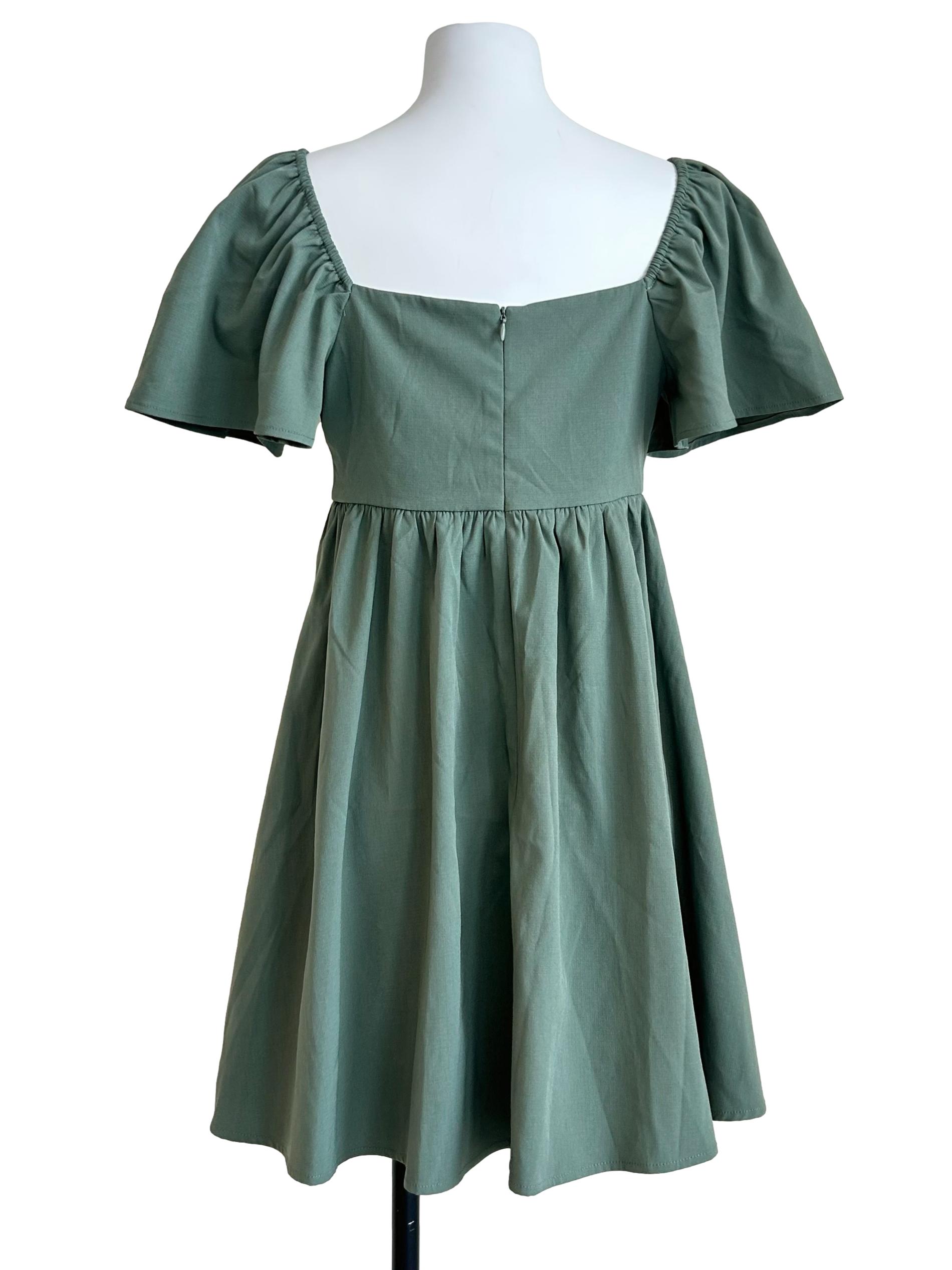 Sage Green Puff-Sleeve Empire Mini Dress