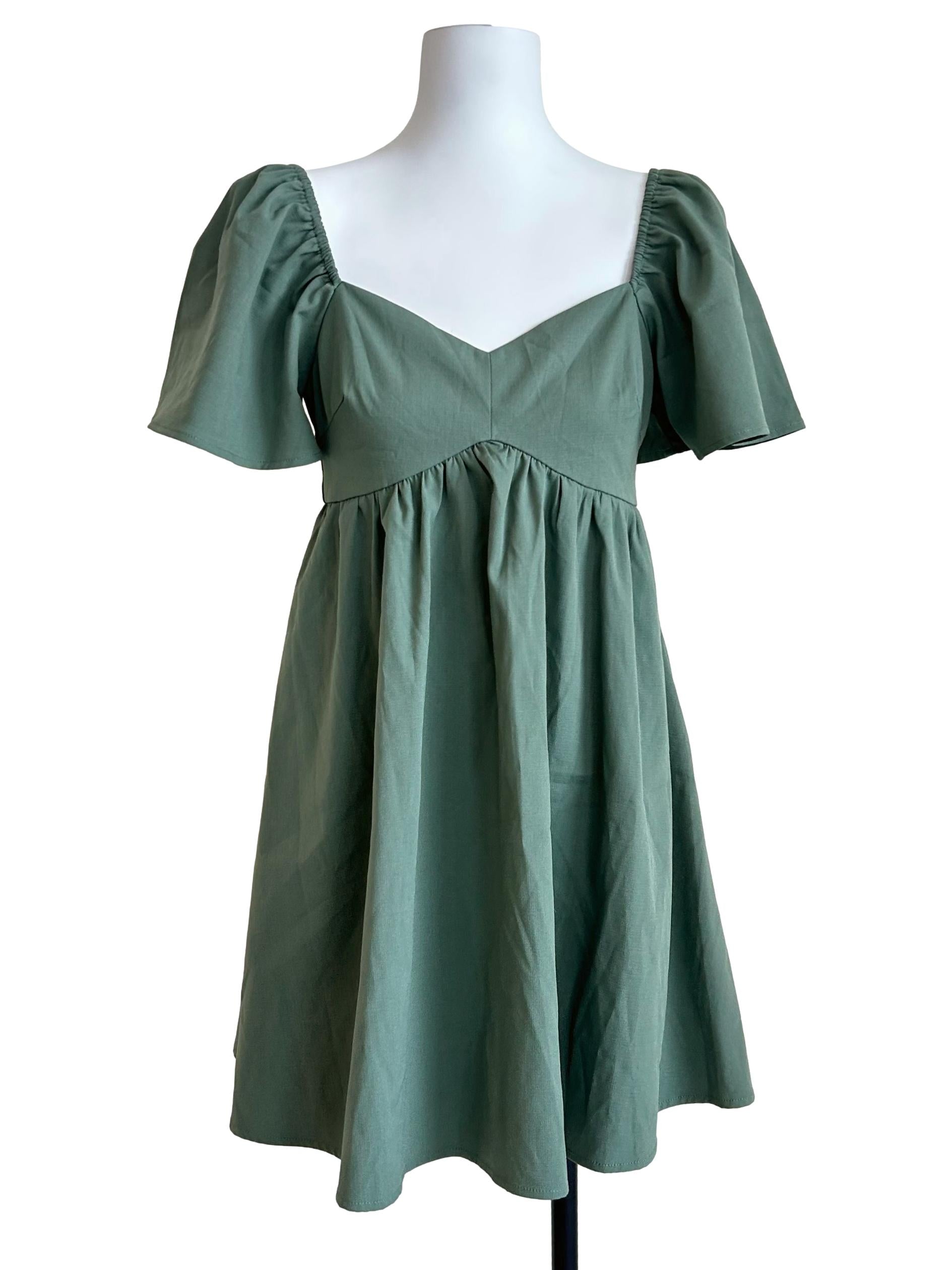 Sage Green Puff-Sleeve Empire Mini Dress