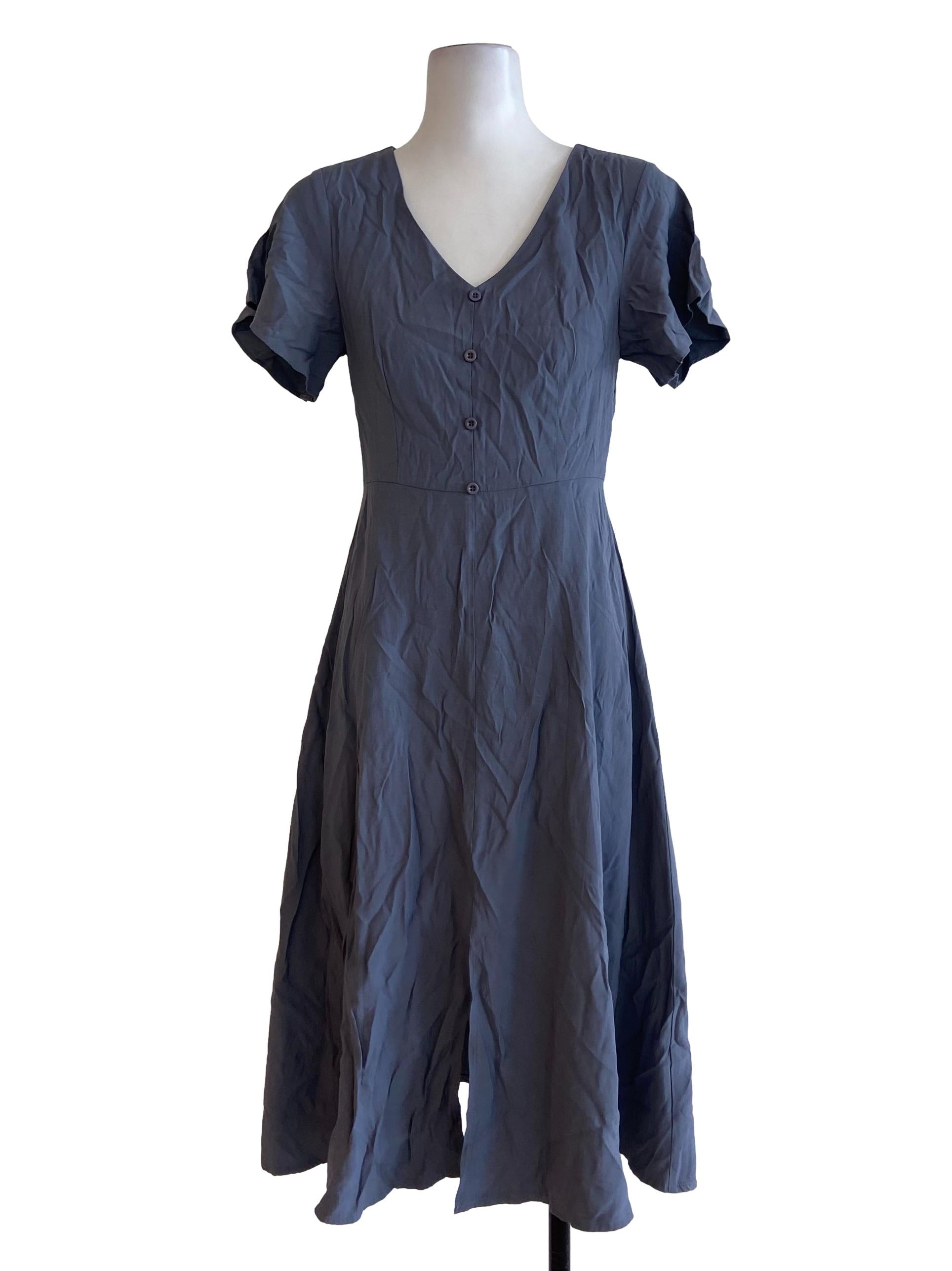 Stone Blue V Neck Front Slit Shirt Dress