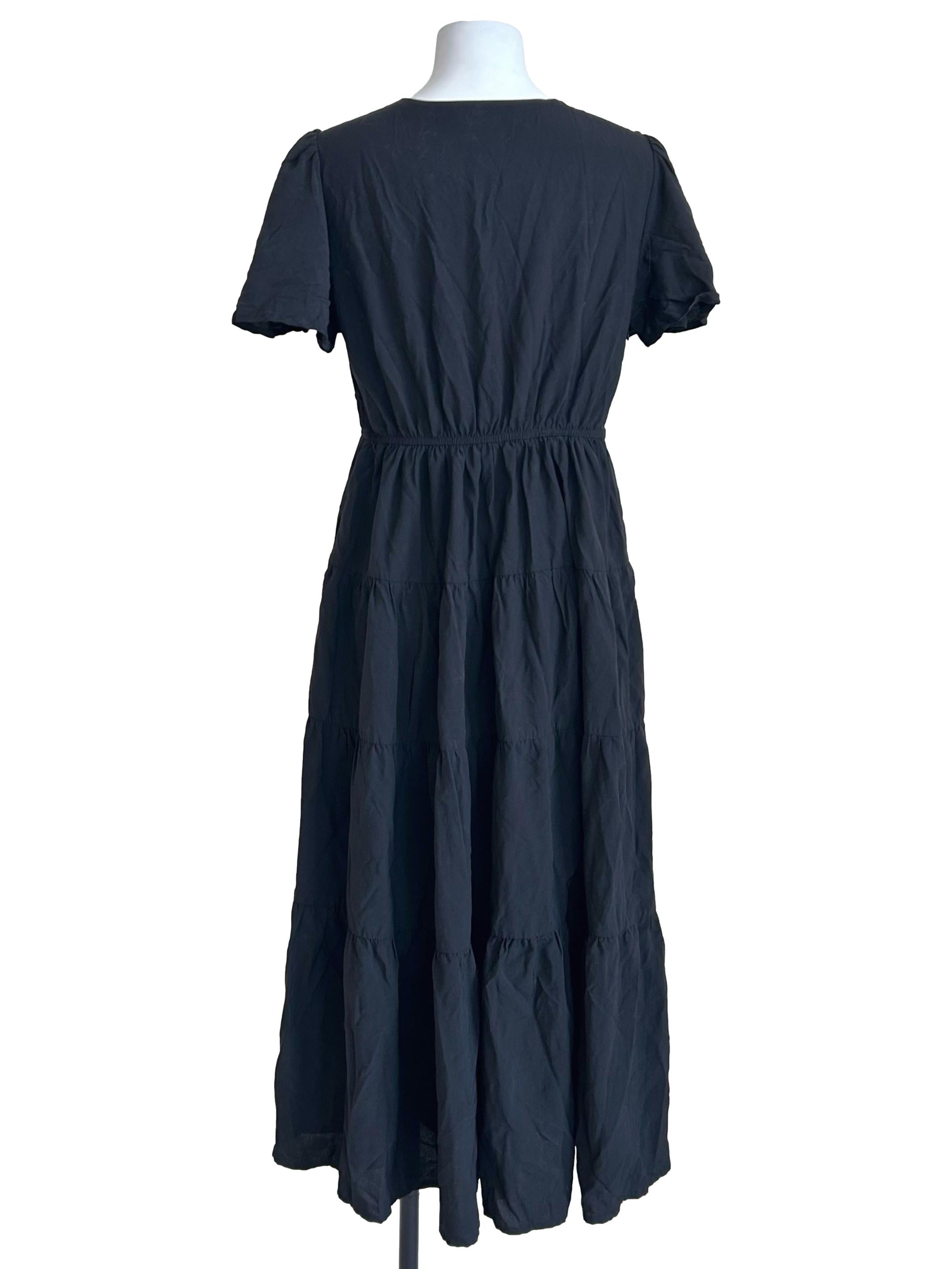 Black Flutter-Sleeve Tiered Midi Dress