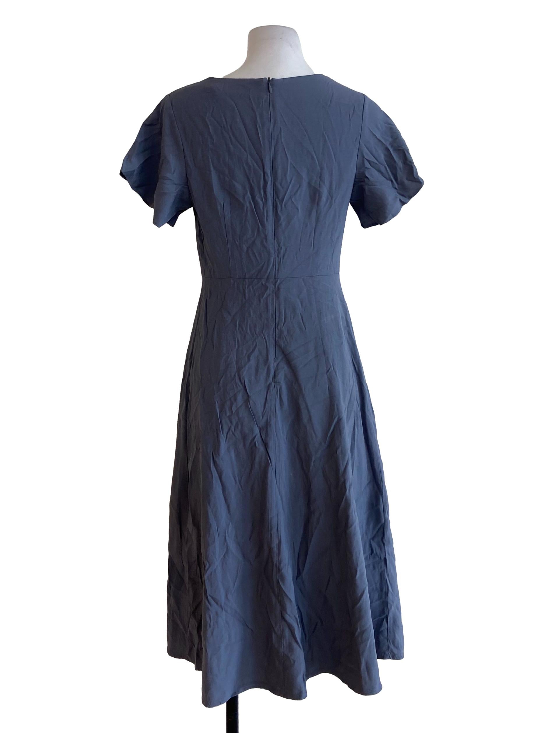 Stone Blue V Neck Front Slit Shirt Dress