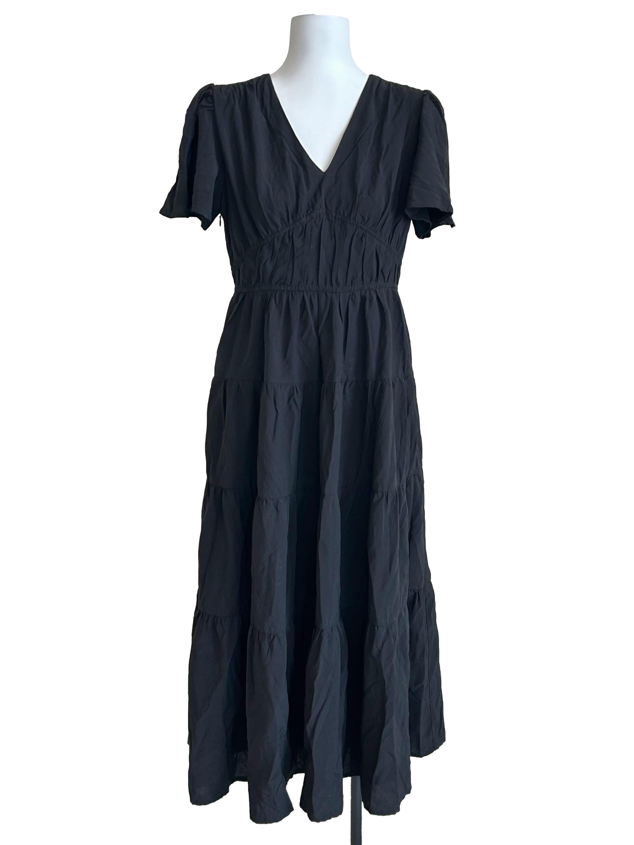 Black Flutter-Sleeve Tiered Midi Dress