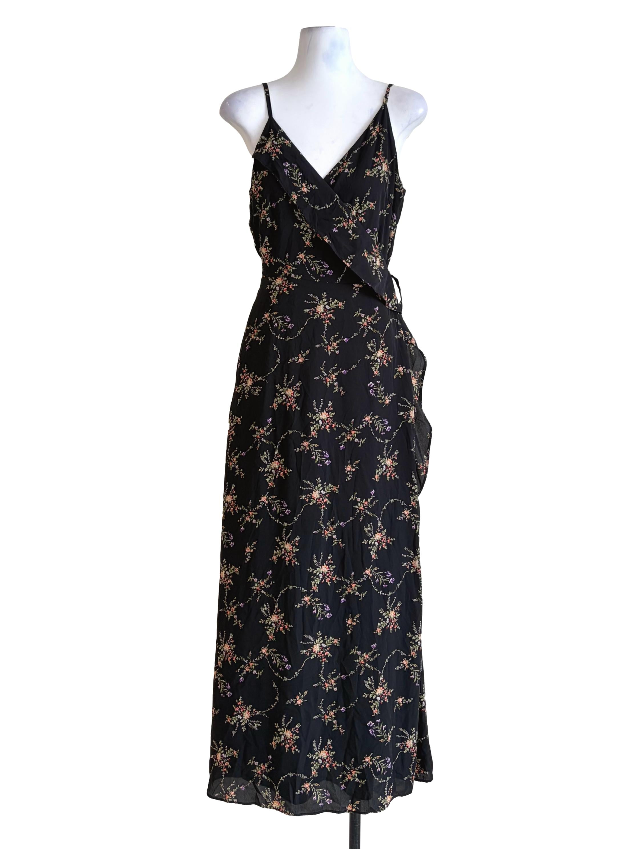 Jade Black Floral Print Flutter Slip Dress
