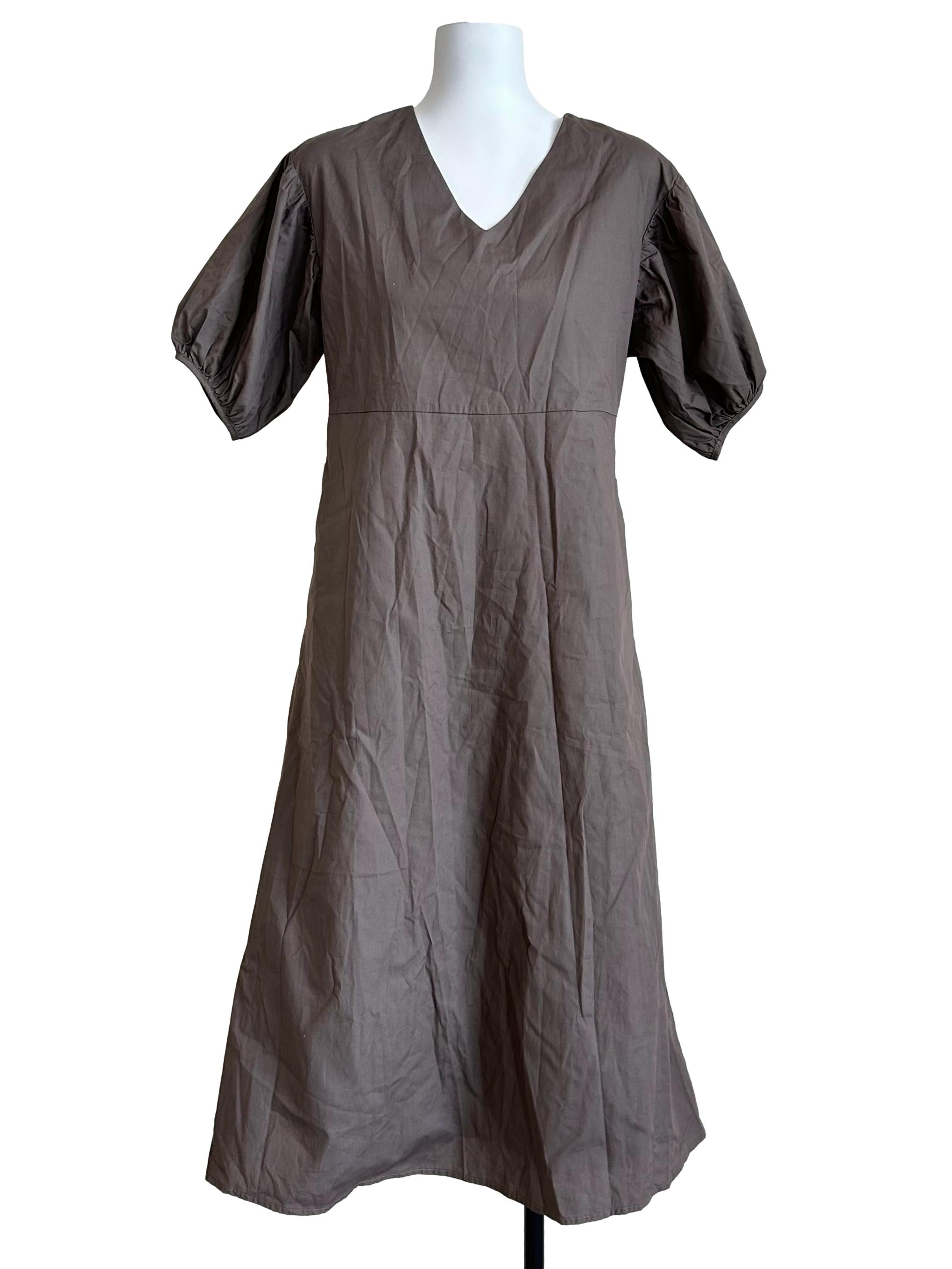 Taupe Brown Puff-Sleeve Empire Midi Dress