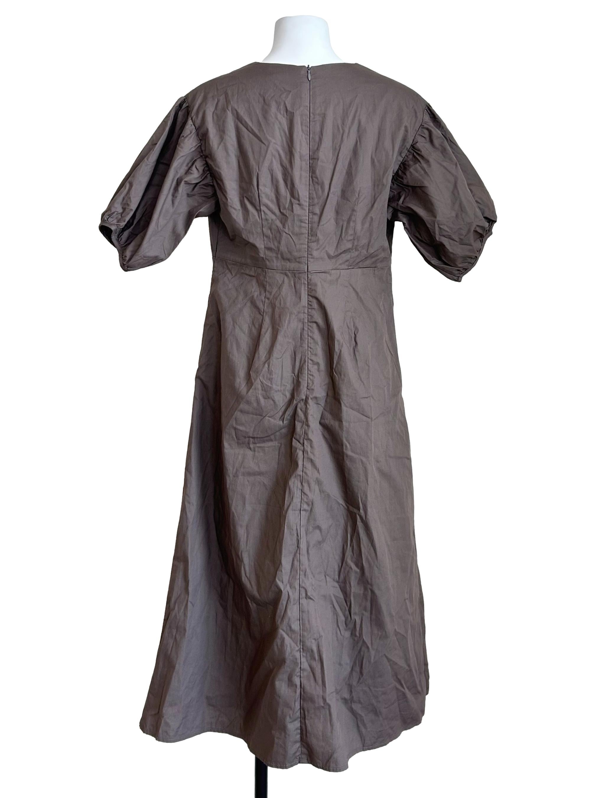 Taupe Brown Puff-Sleeve Empire Midi Dress