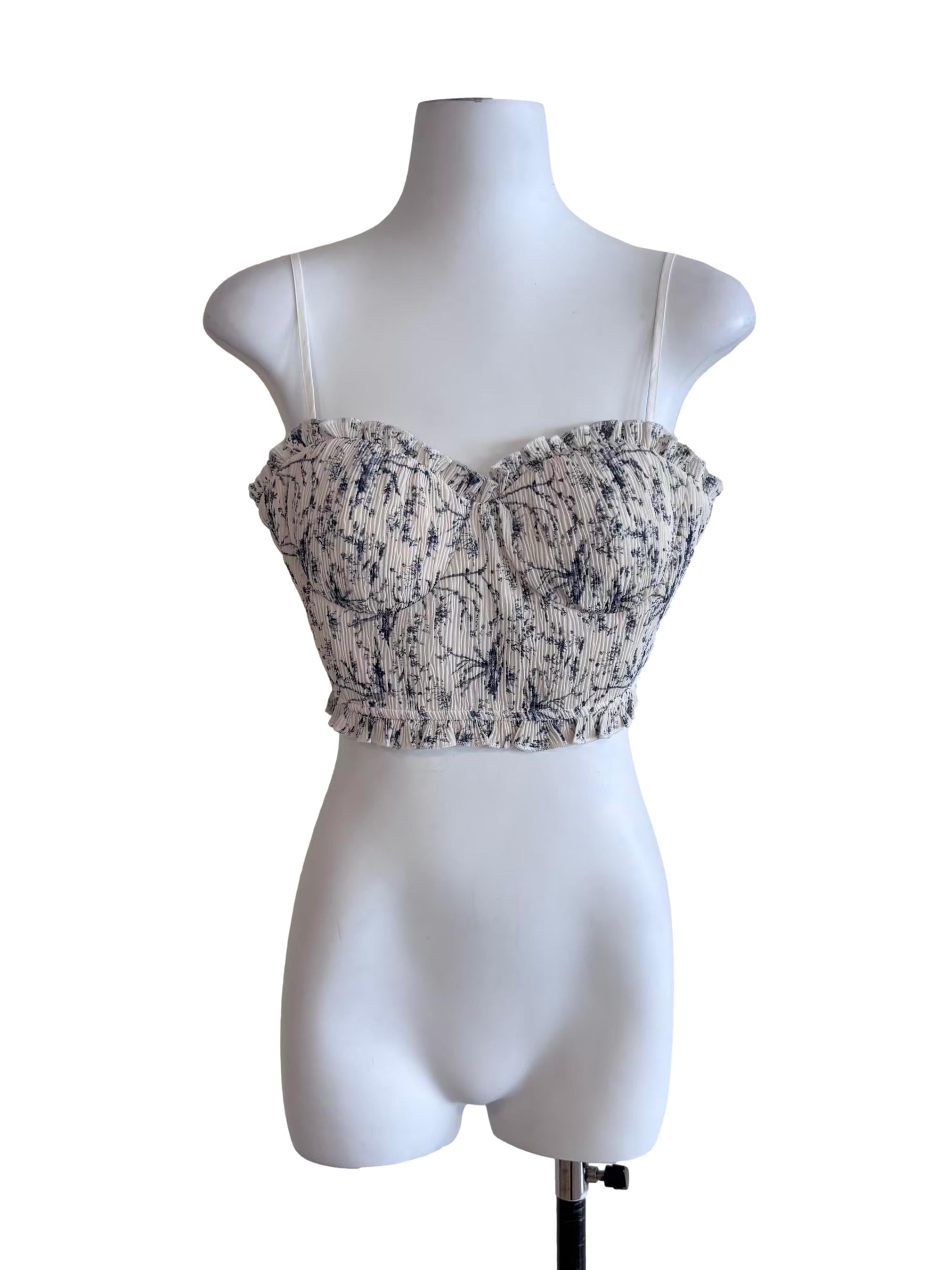 White Prints Pleated Sweetheart Ruffle Cami Top