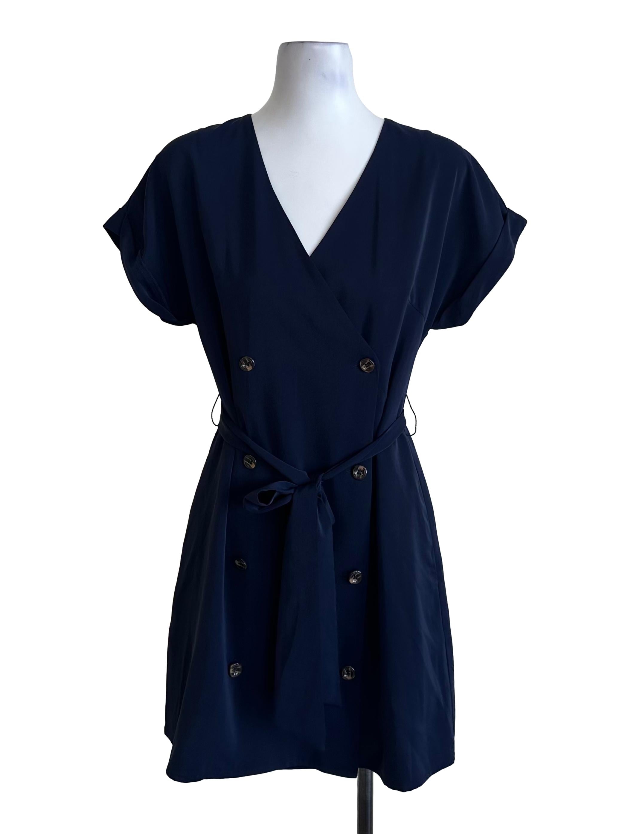 Navy Blue V Neck Button Strap Dress LB