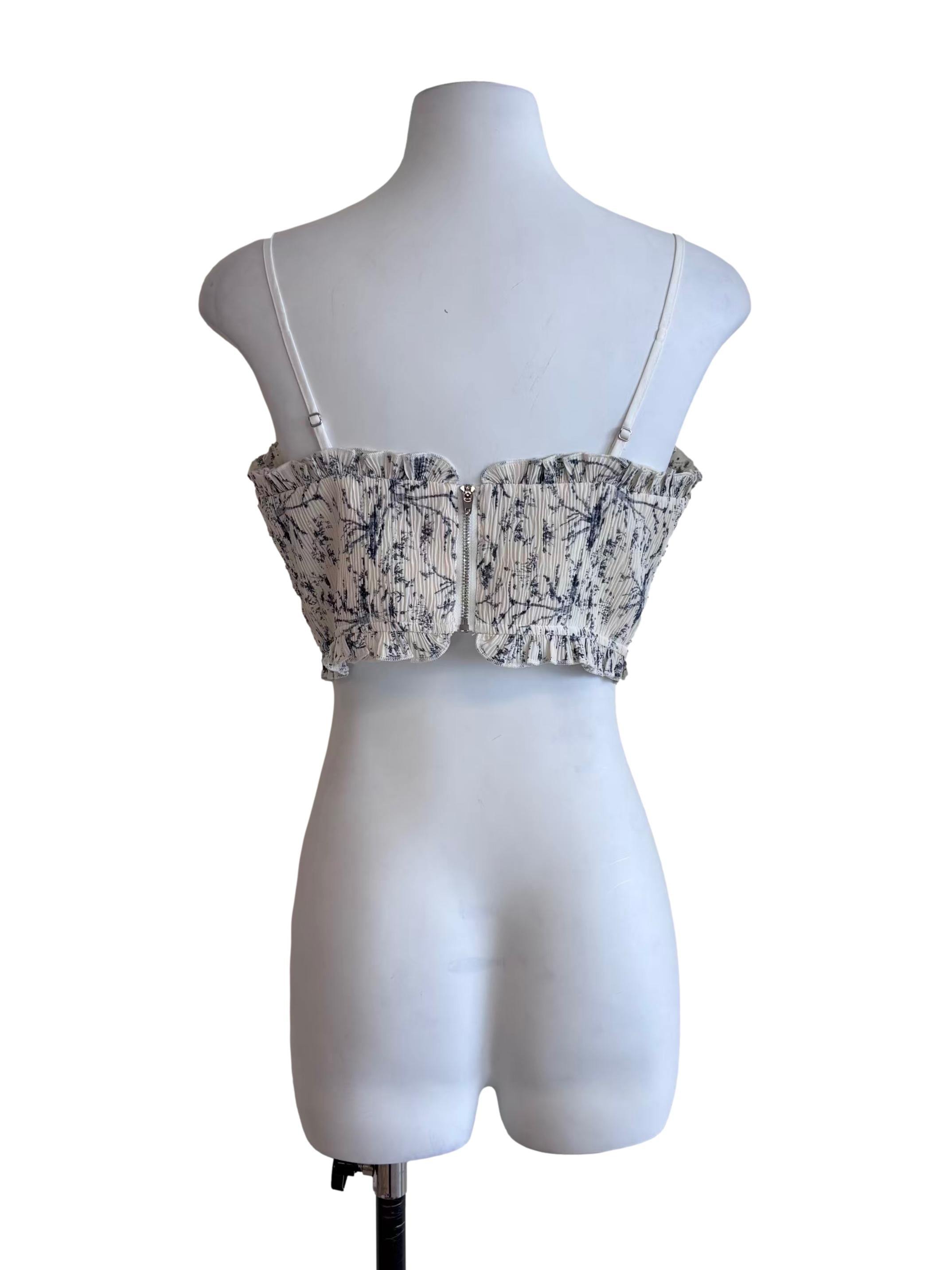 White Prints Pleated Sweetheart Ruffle Cami Top