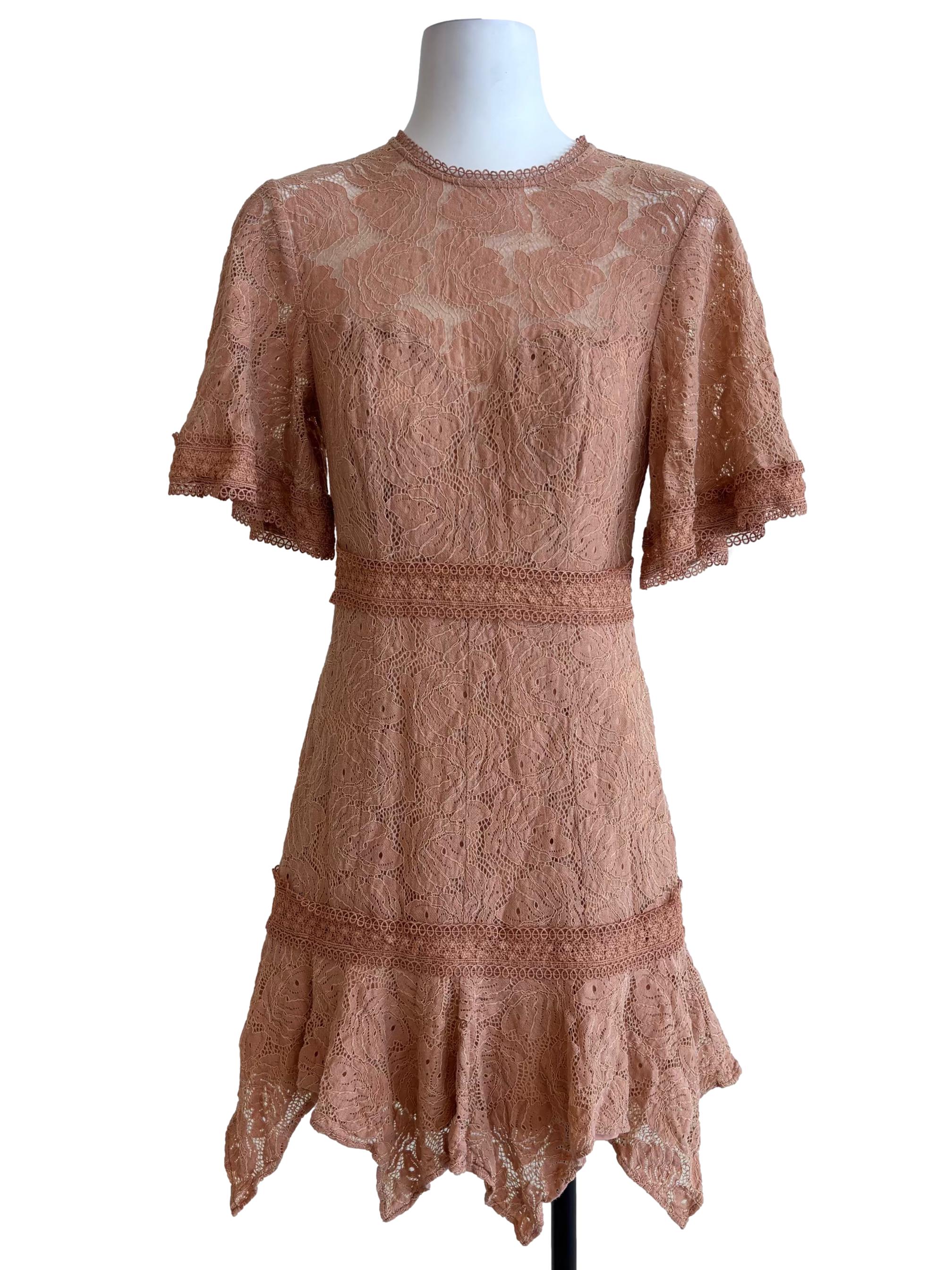 Salmon Pink Butterfly Sleeve Lace Dress