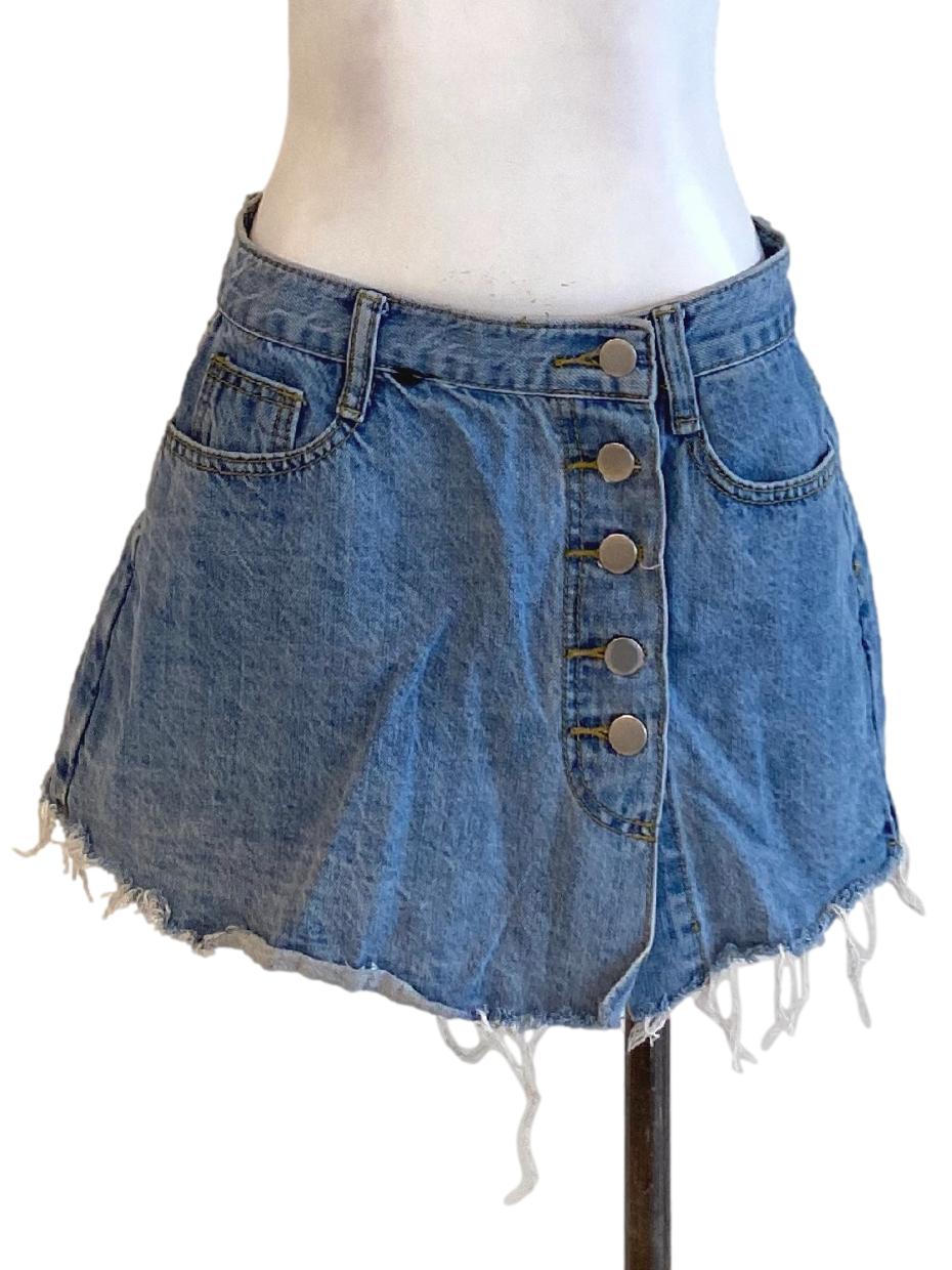 Denim Blue Buttoned Down Distressed A-Line Jeans Skort