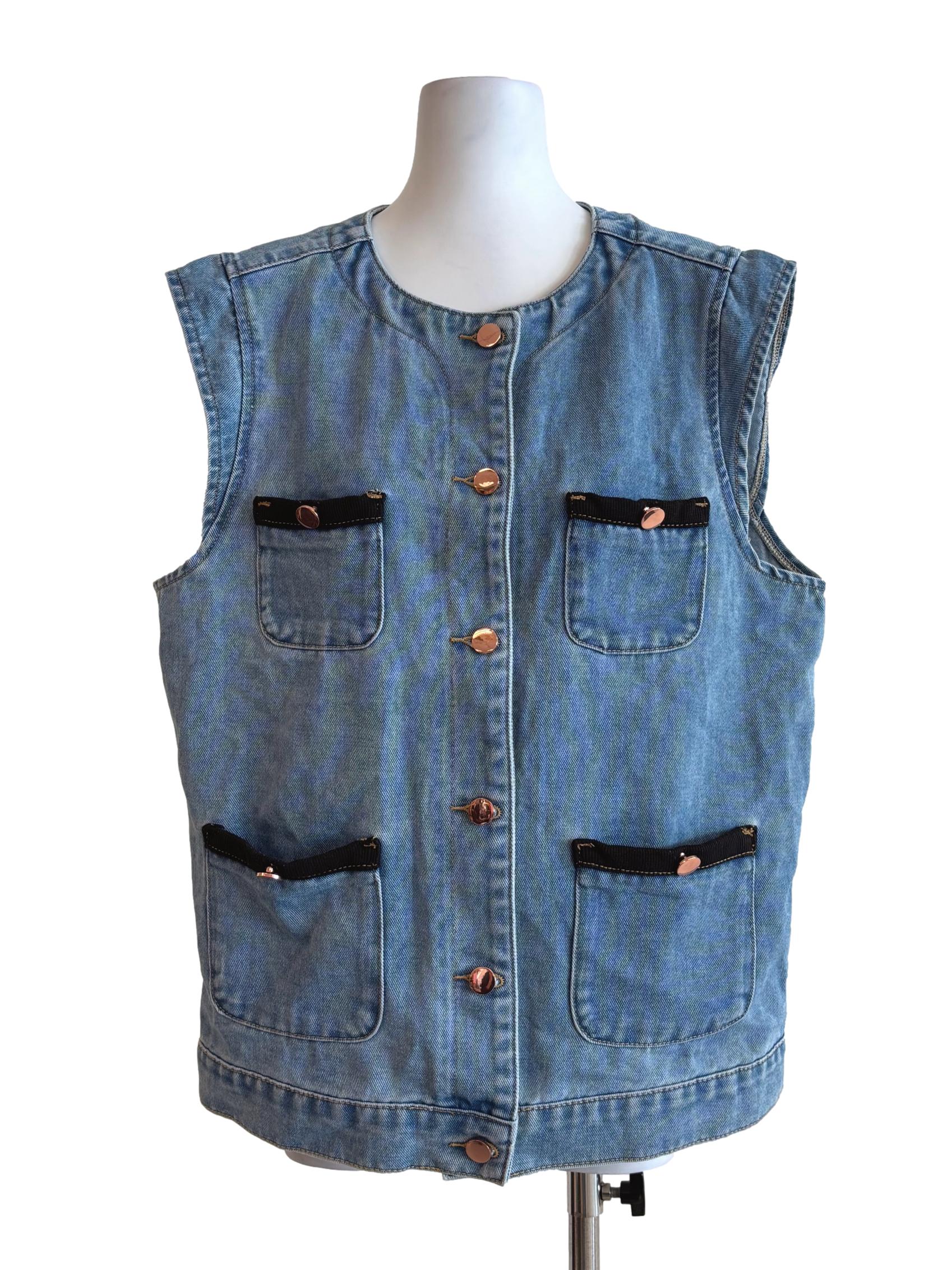 Denim Blue Sleeveless Gold Button Outerwear