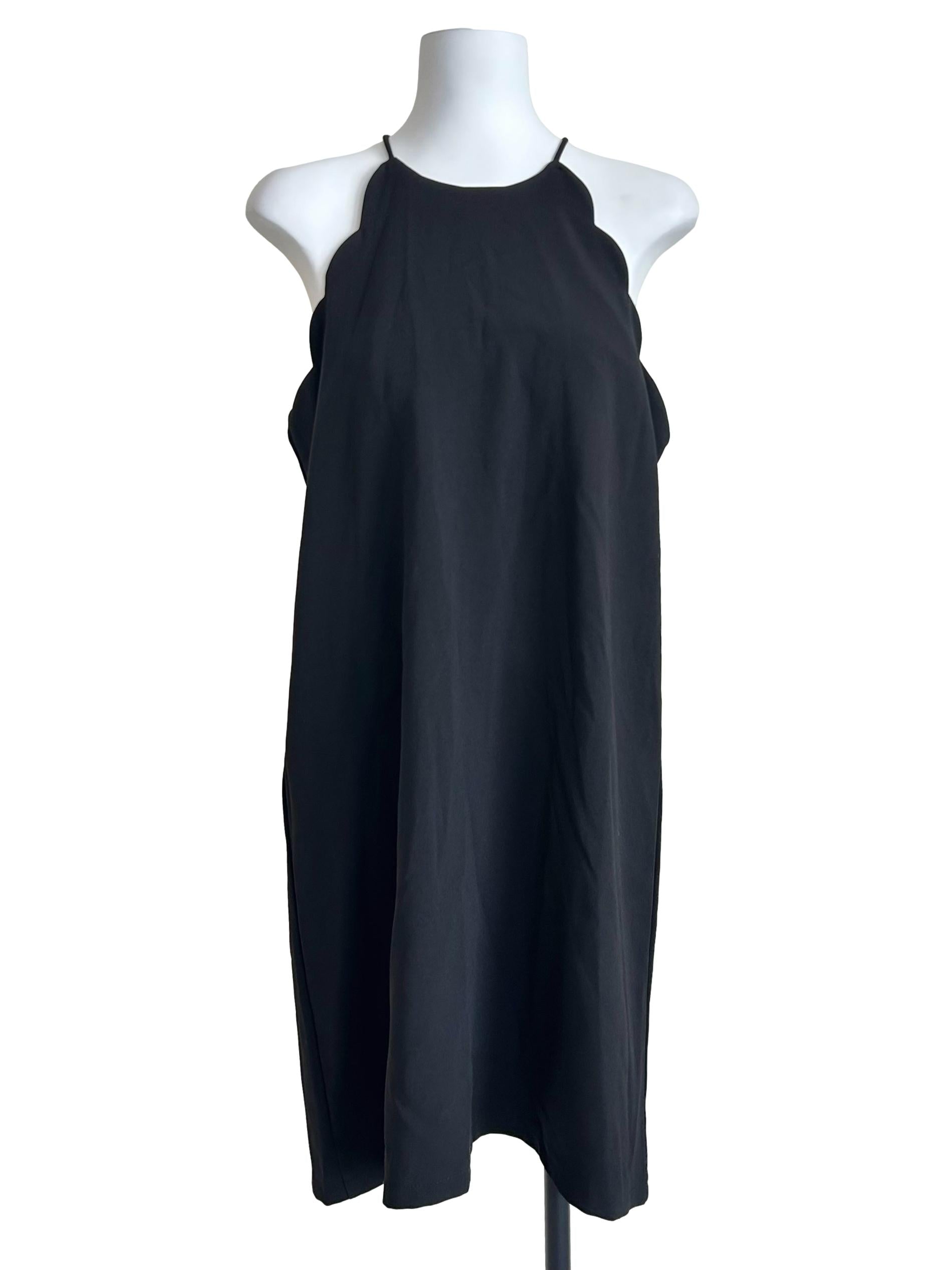 Black Scalloped-Trim High-Neck Shift Dress