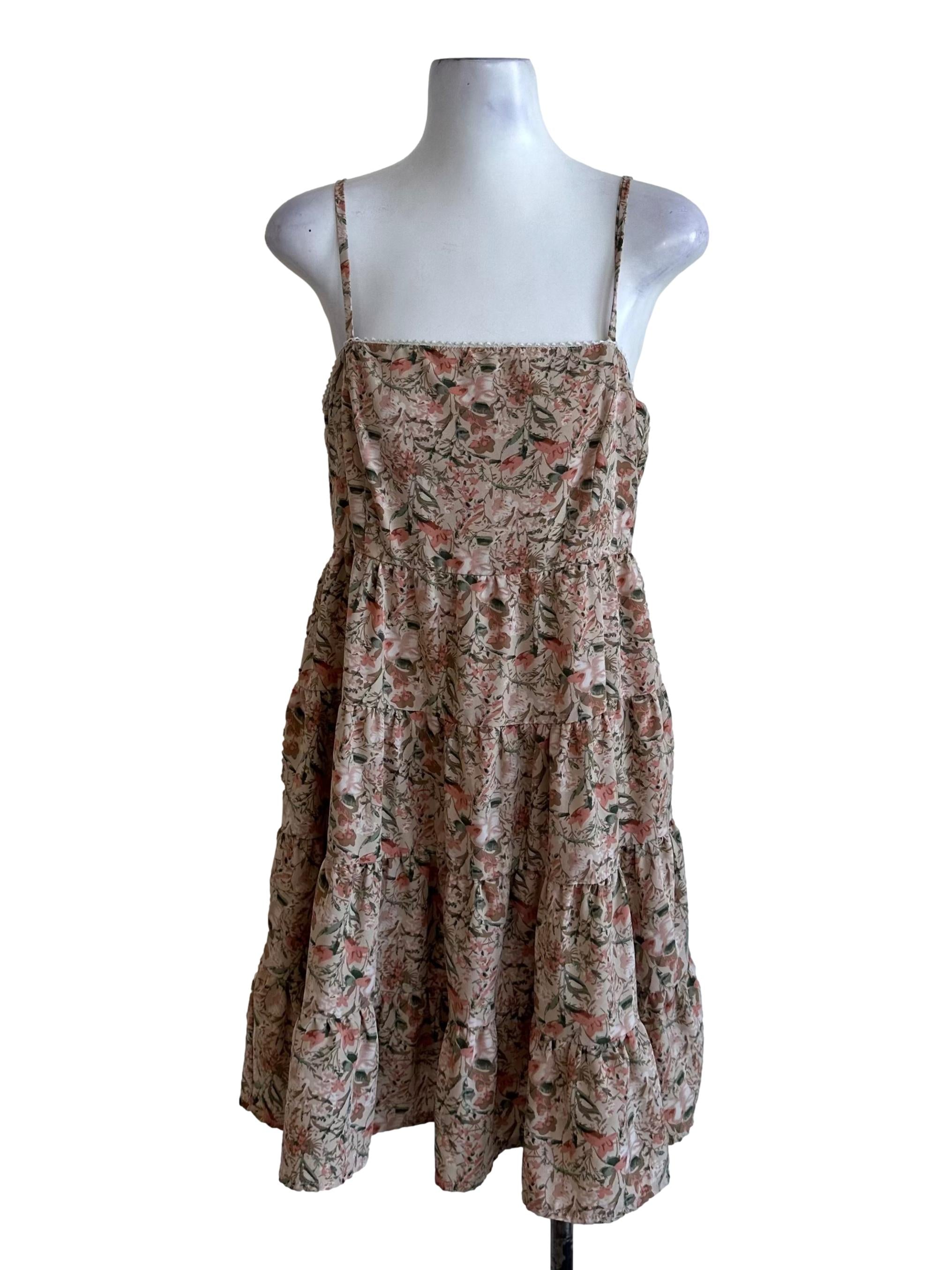 Sepia Beige Pattern Tiered Dress