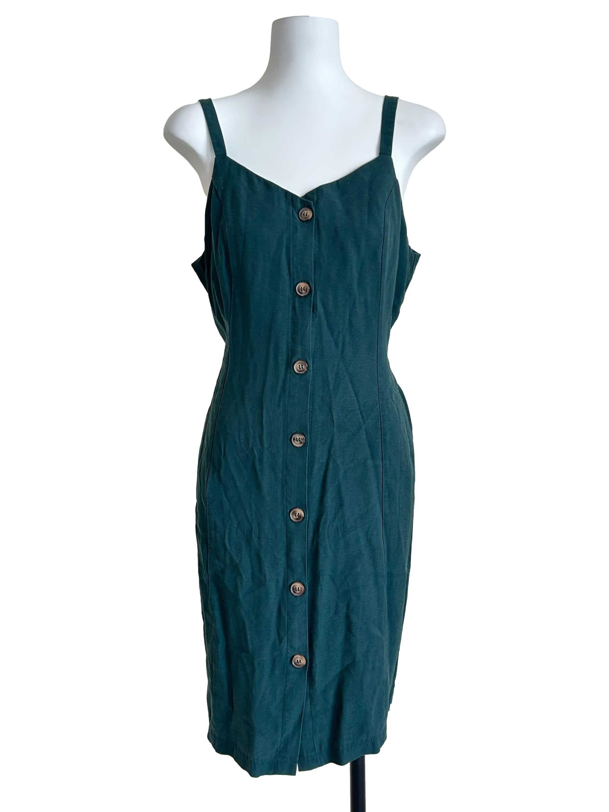 Dark Green Button-Front Sheath Dress