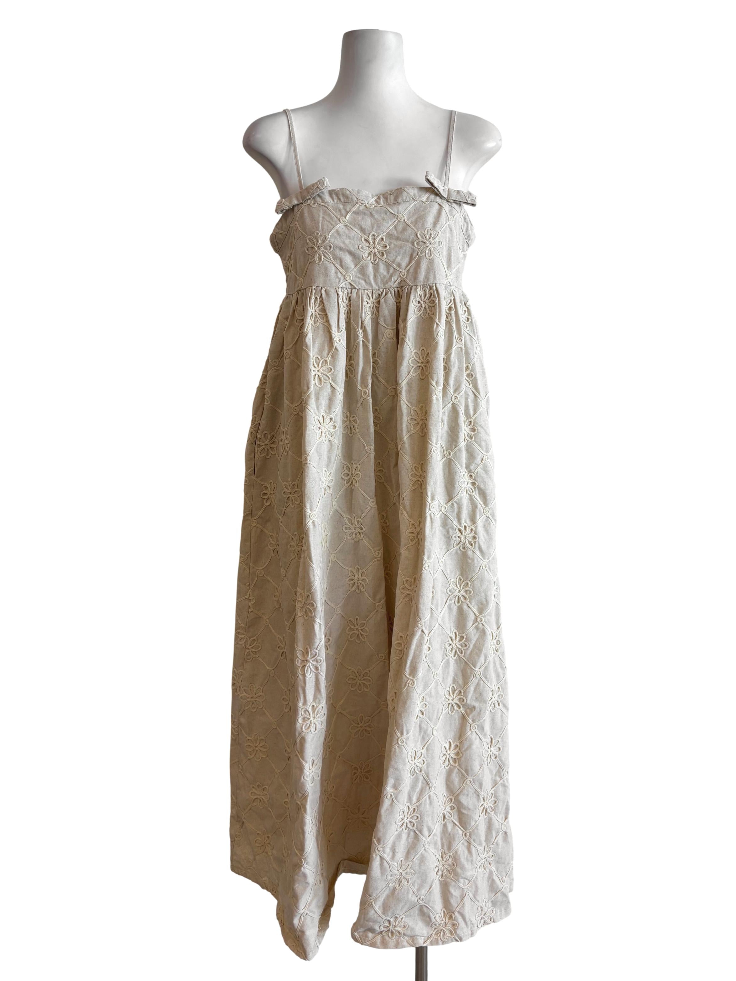 Merino Spaghetti Strap Embroidered Linen Dress