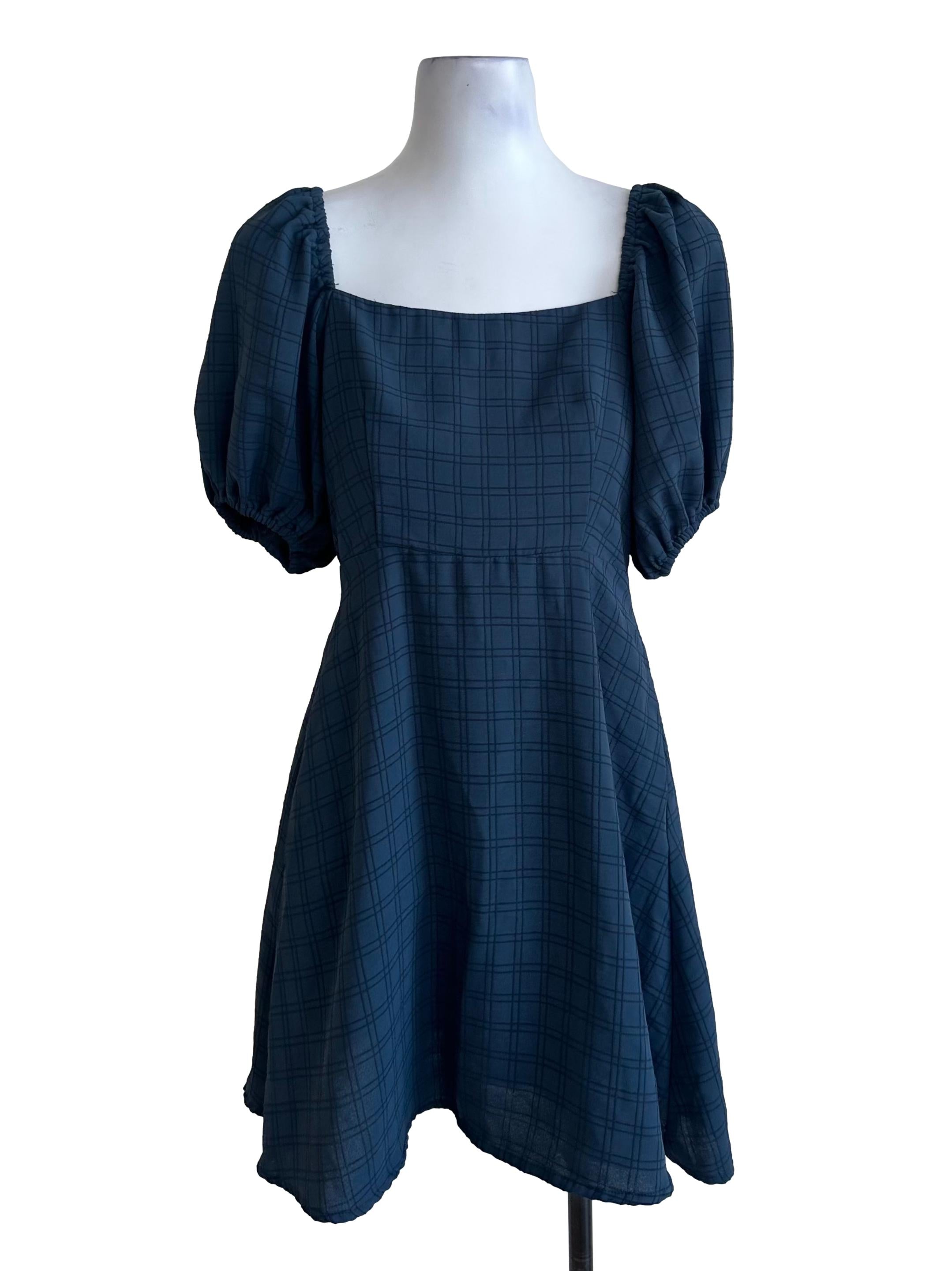 Teal Blue Plaid Textured Dress TTR