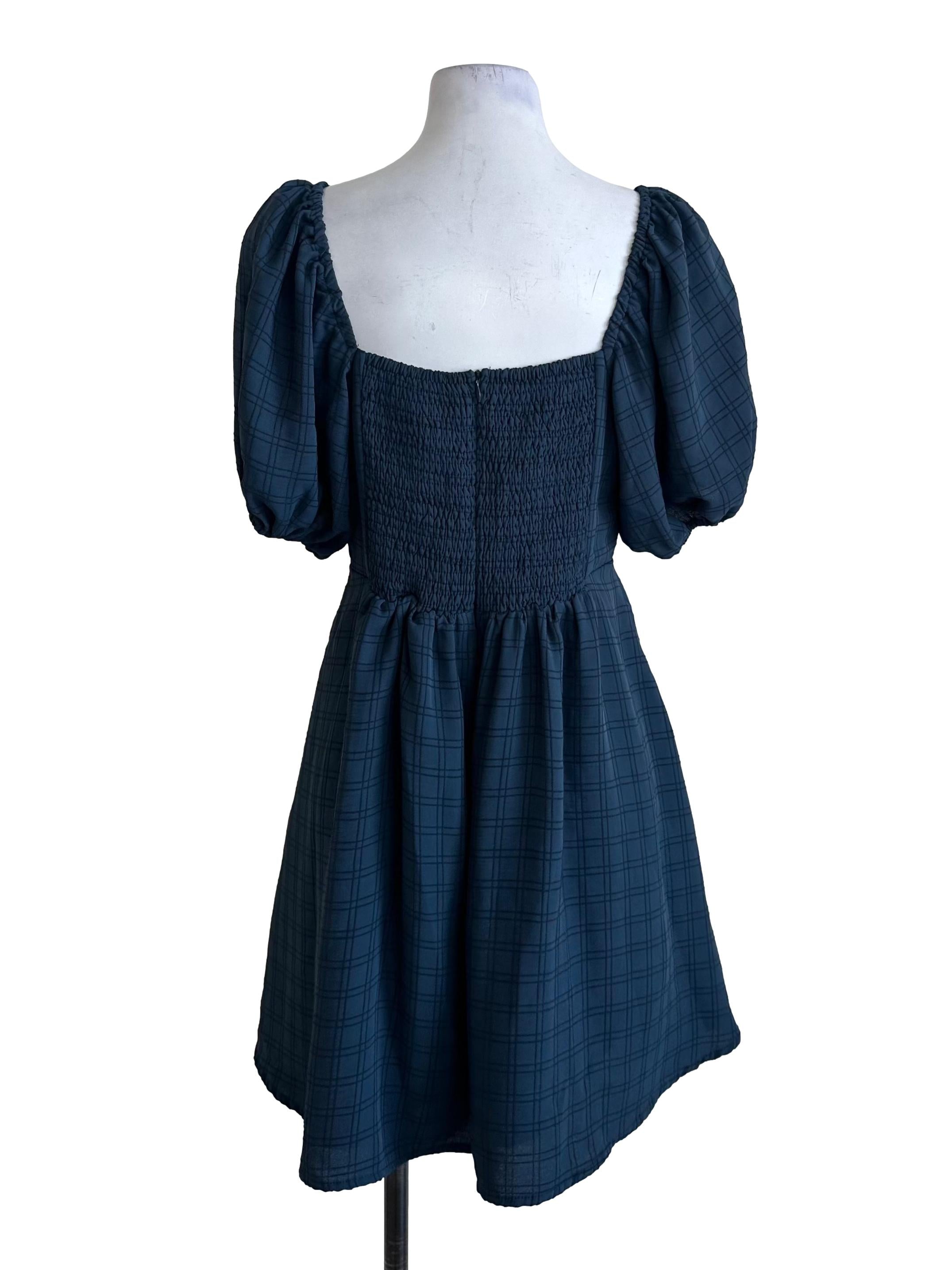Teal Blue Plaid Textured Dress TTR