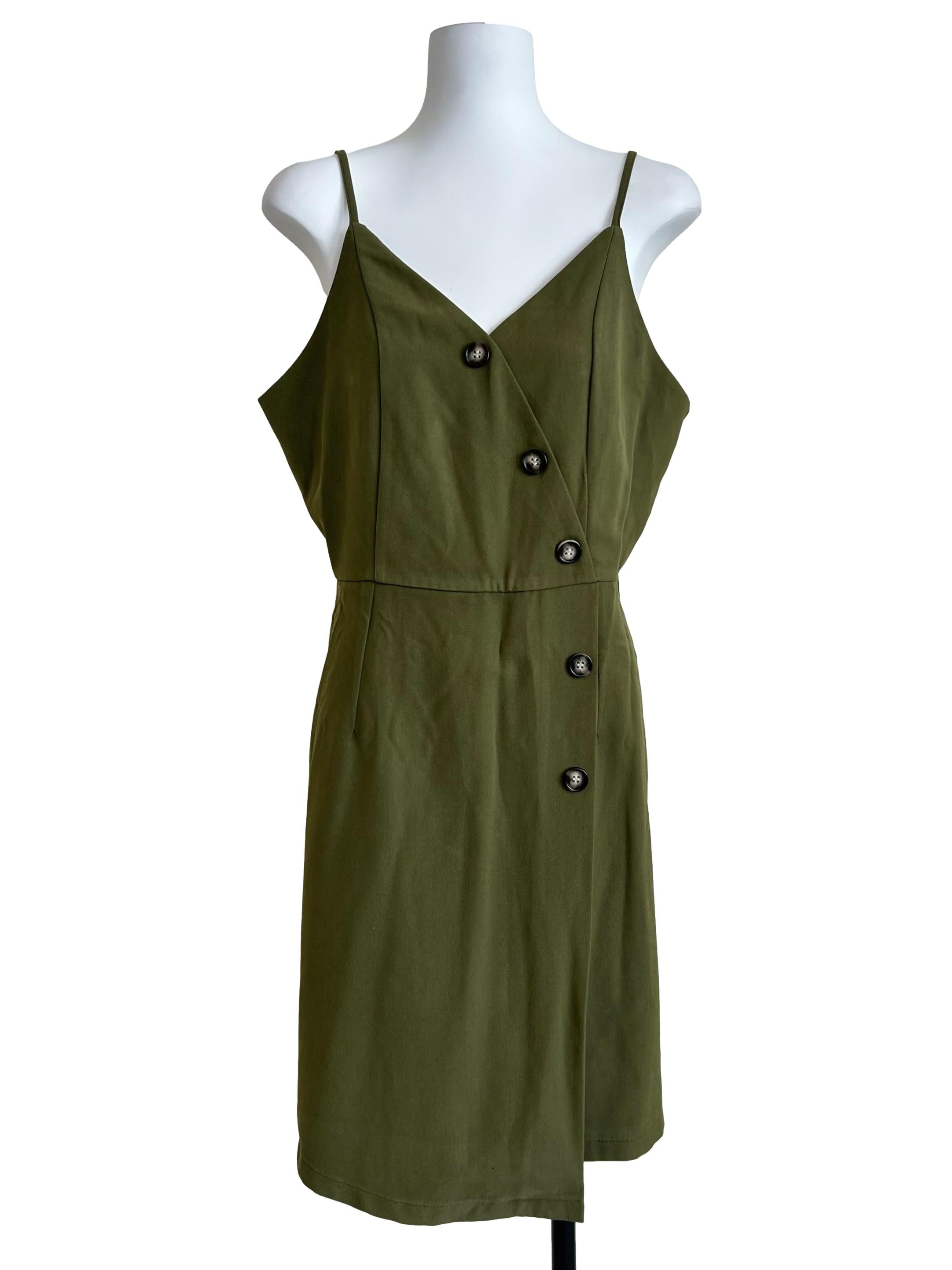 Olive Asymmetric Button Wrap Dress