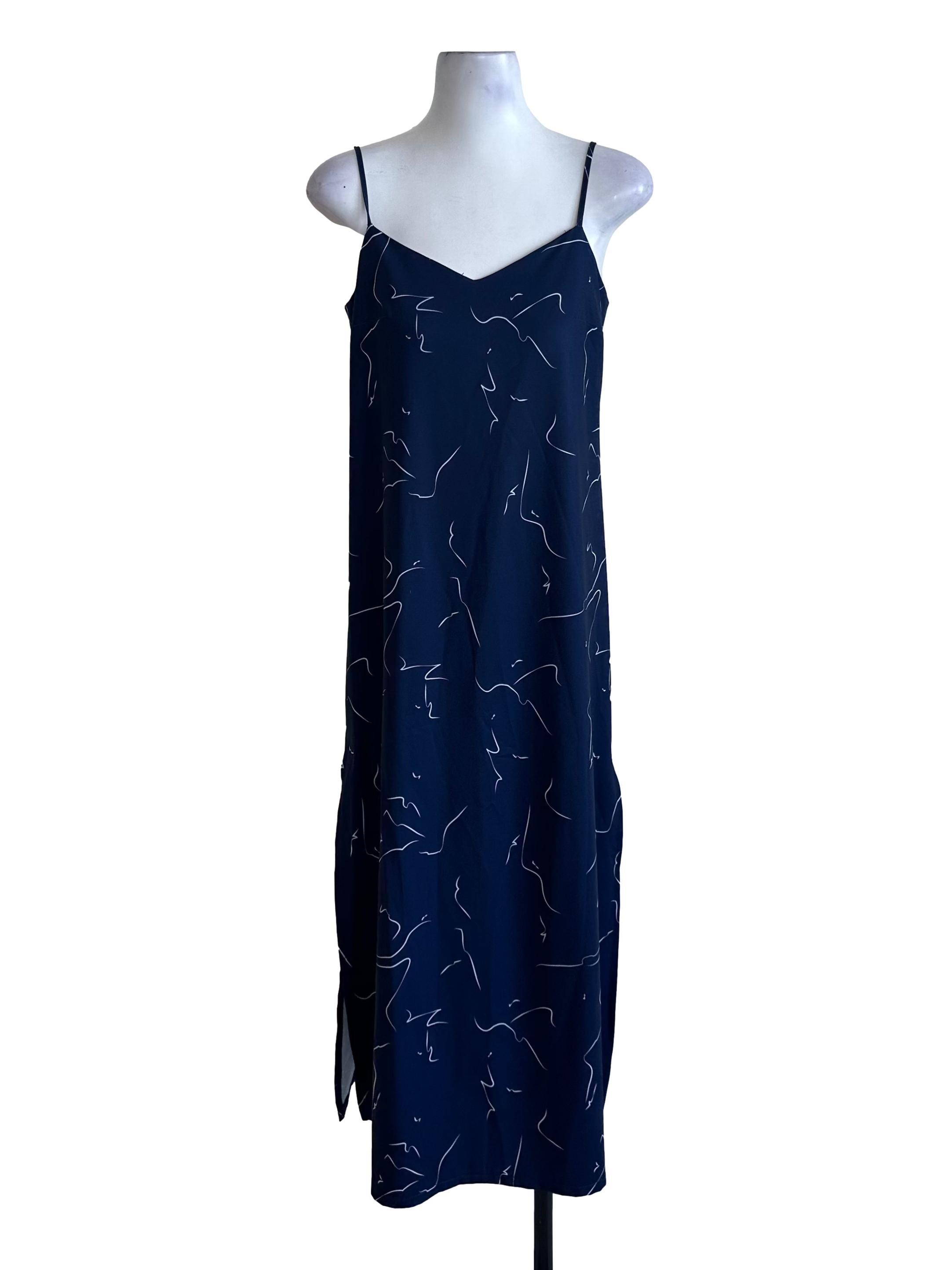 Navy Blue Pattern Spaghetti Strap Slit Dress