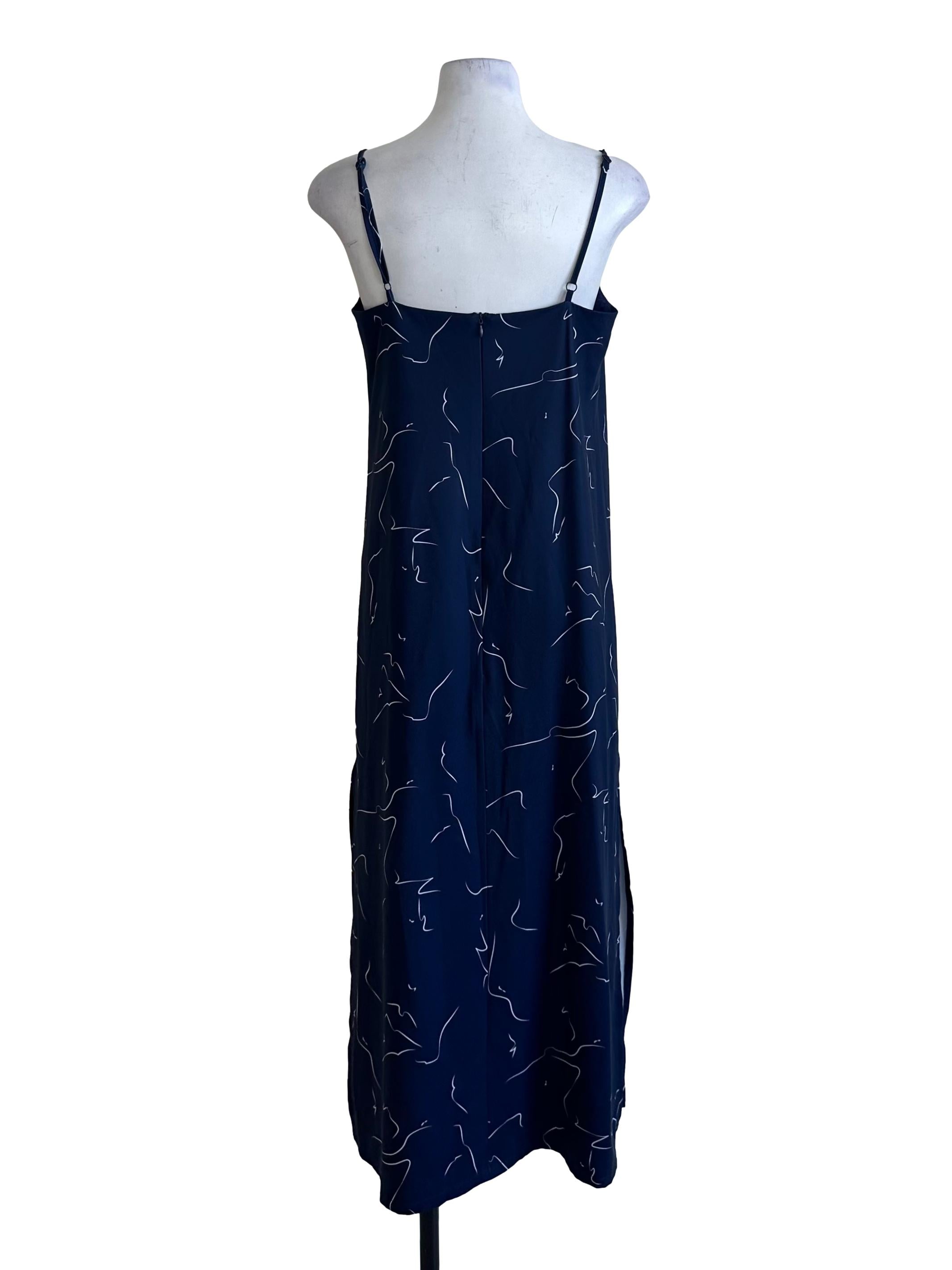 Navy Blue Pattern Spaghetti Strap Slit Dress