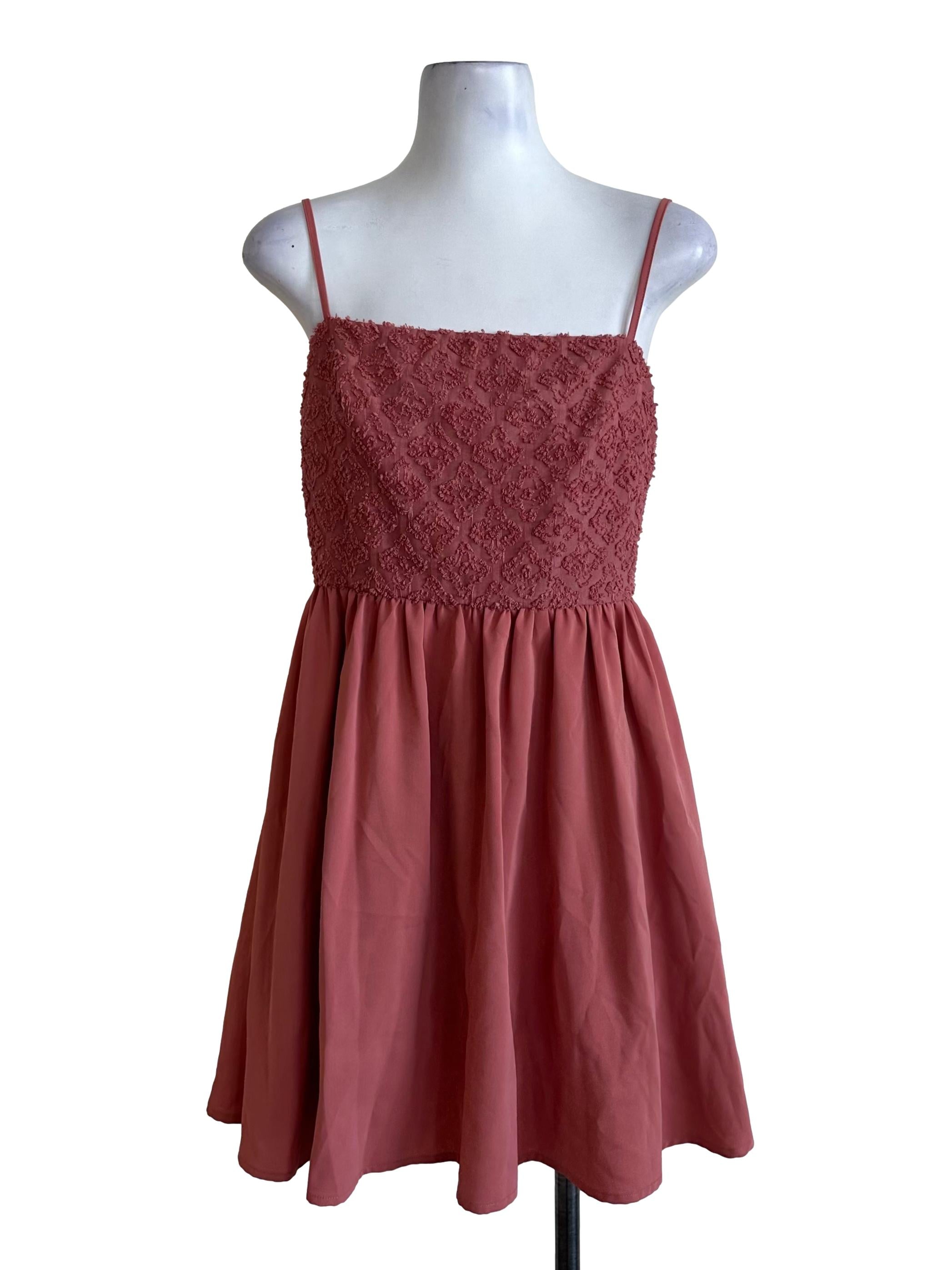 Coral Red Textured Square Neck Babydoll Dress