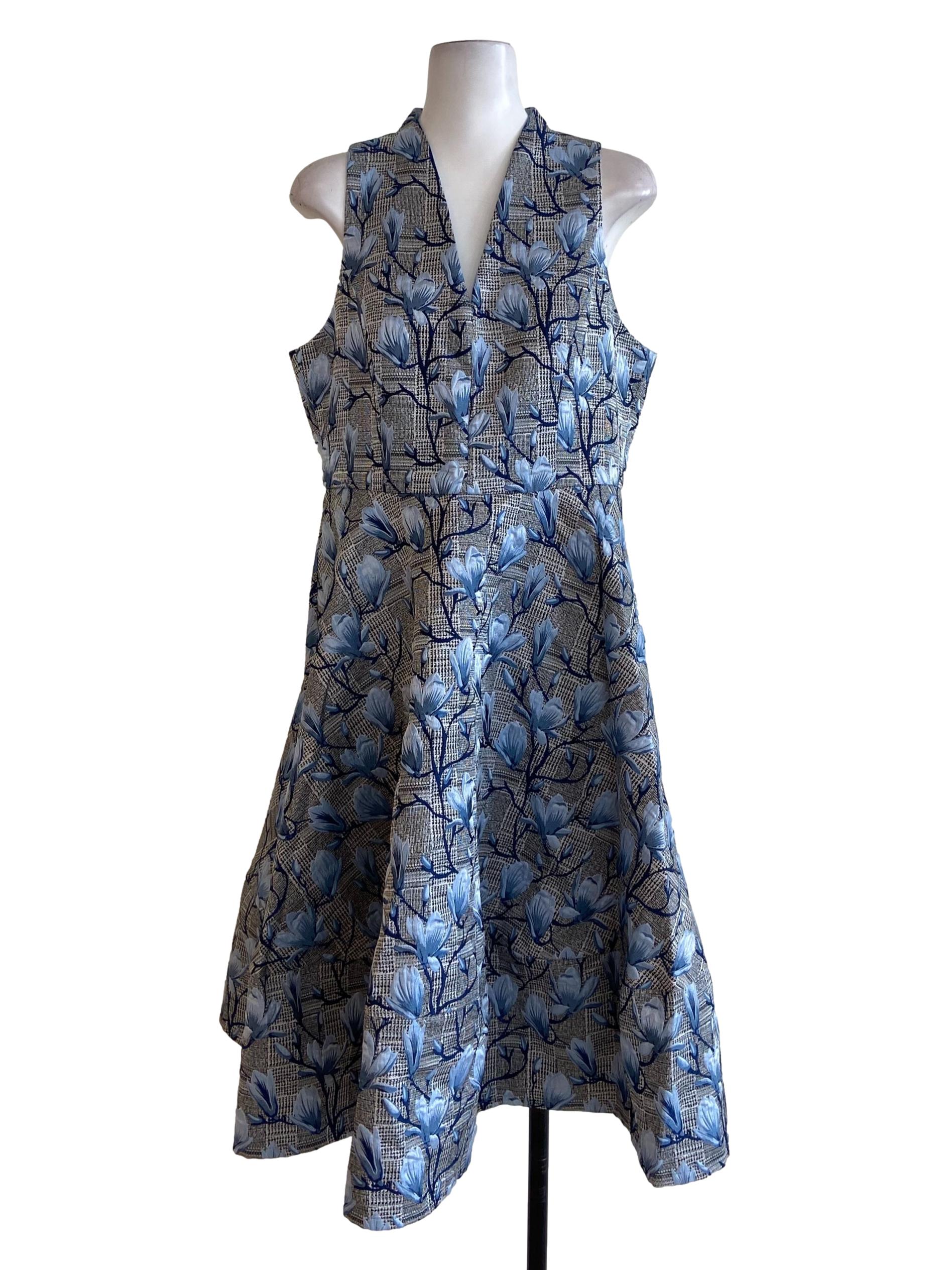 Blue & Black Floral V Neck Ball Gown