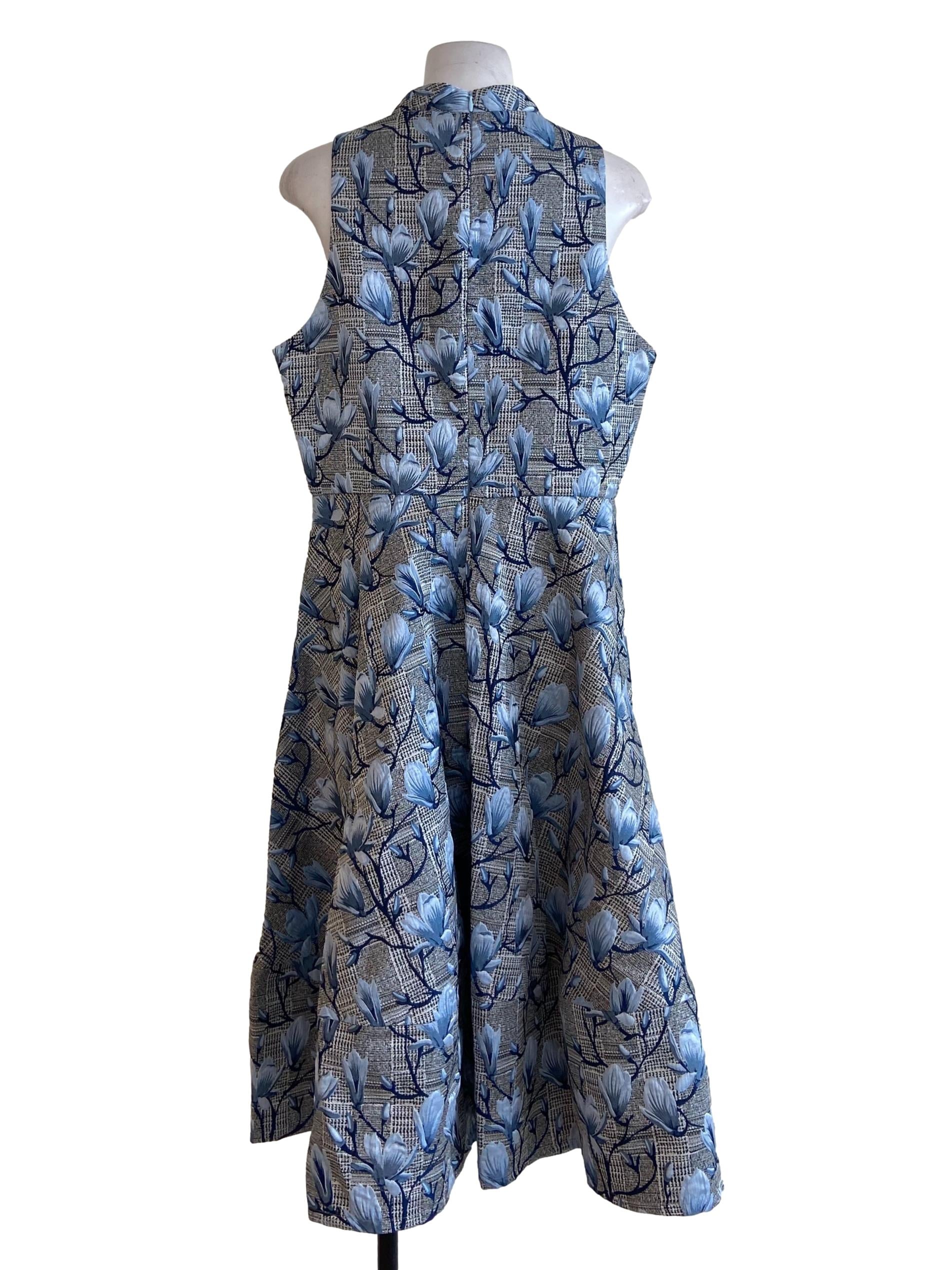 Blue & Black Floral V Neck Ball Gown