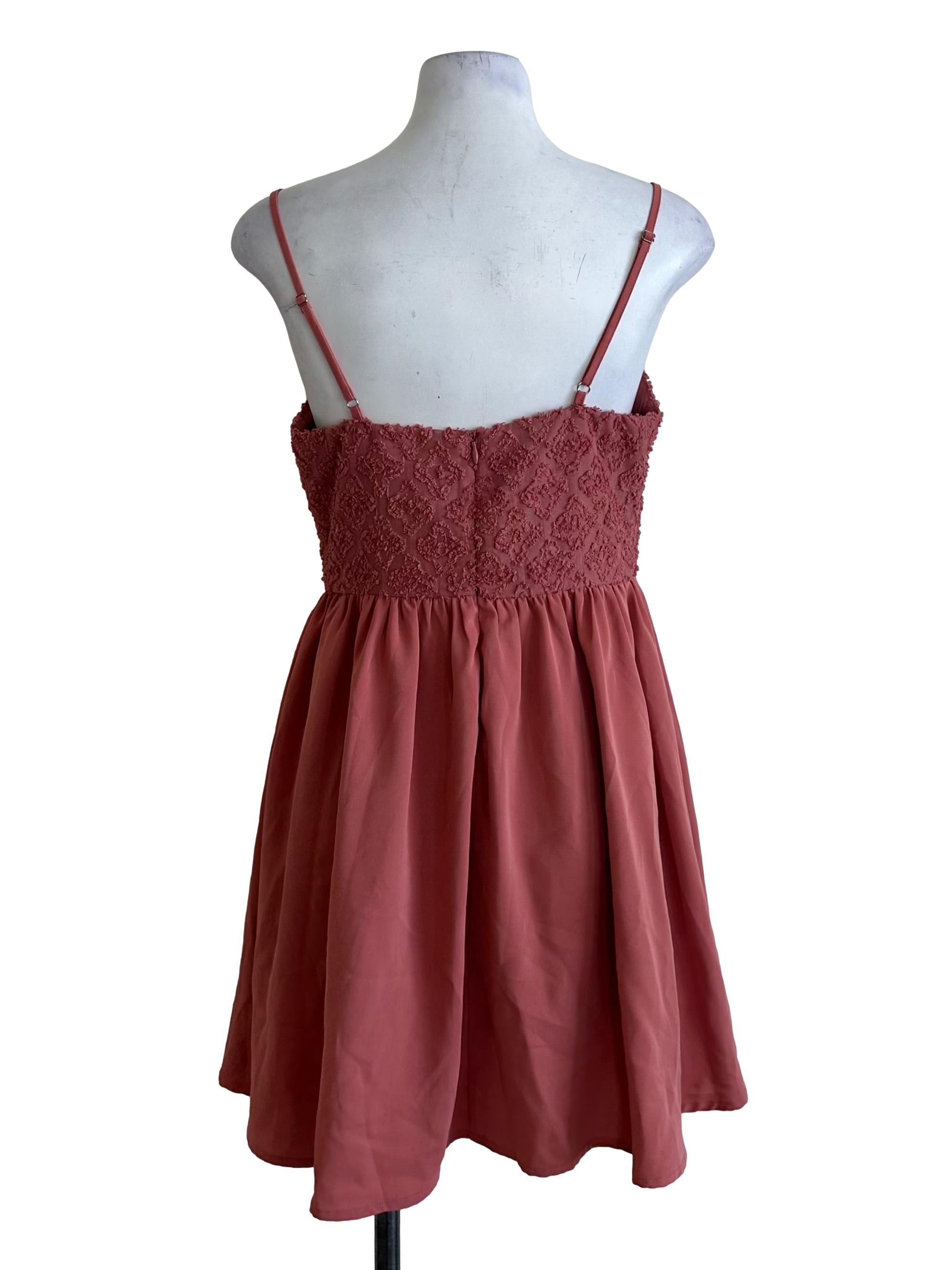 Coral Red Textured Square Neck Babydoll Dress