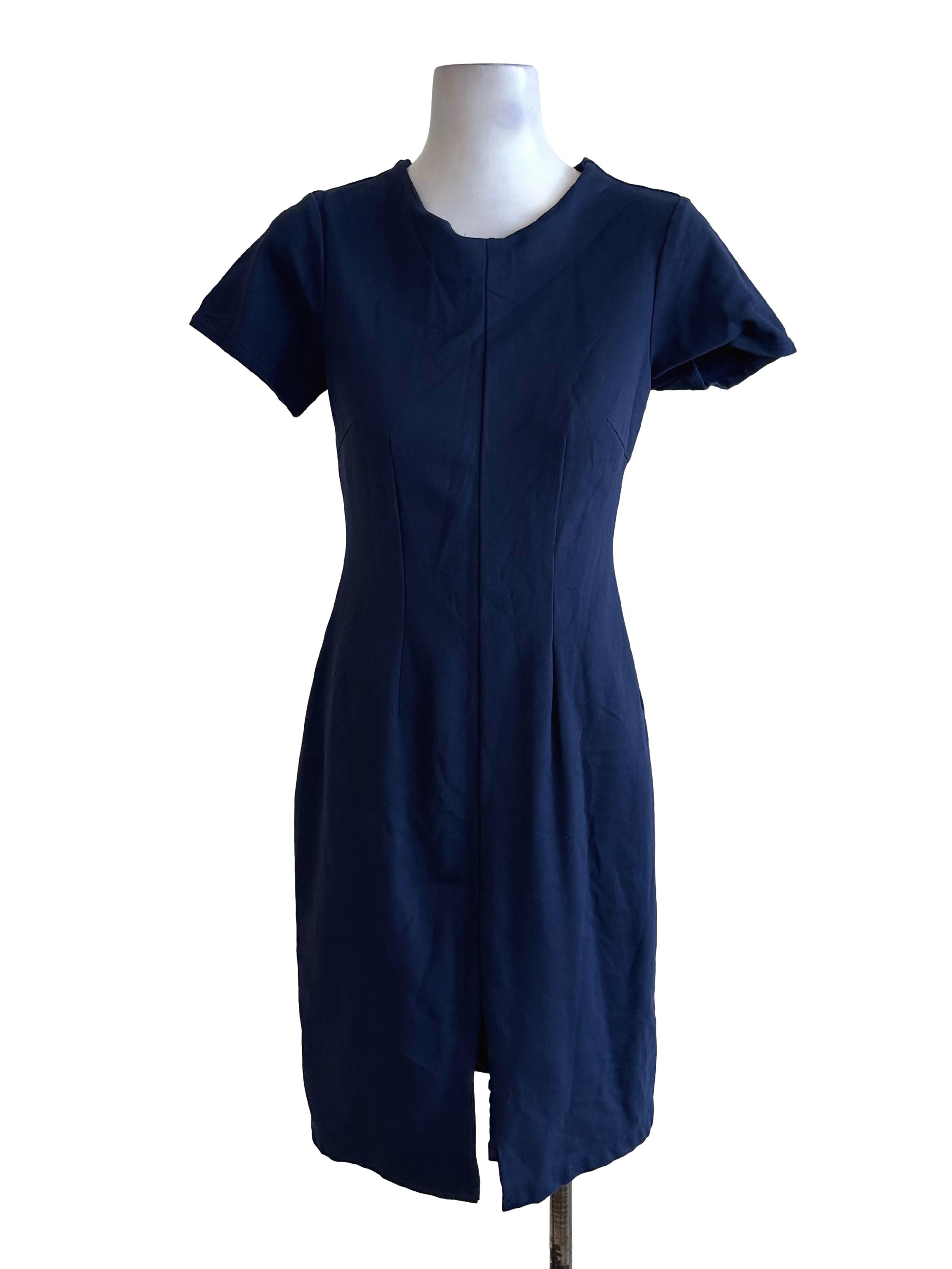 Navy Blue Round Neck Slit Dress