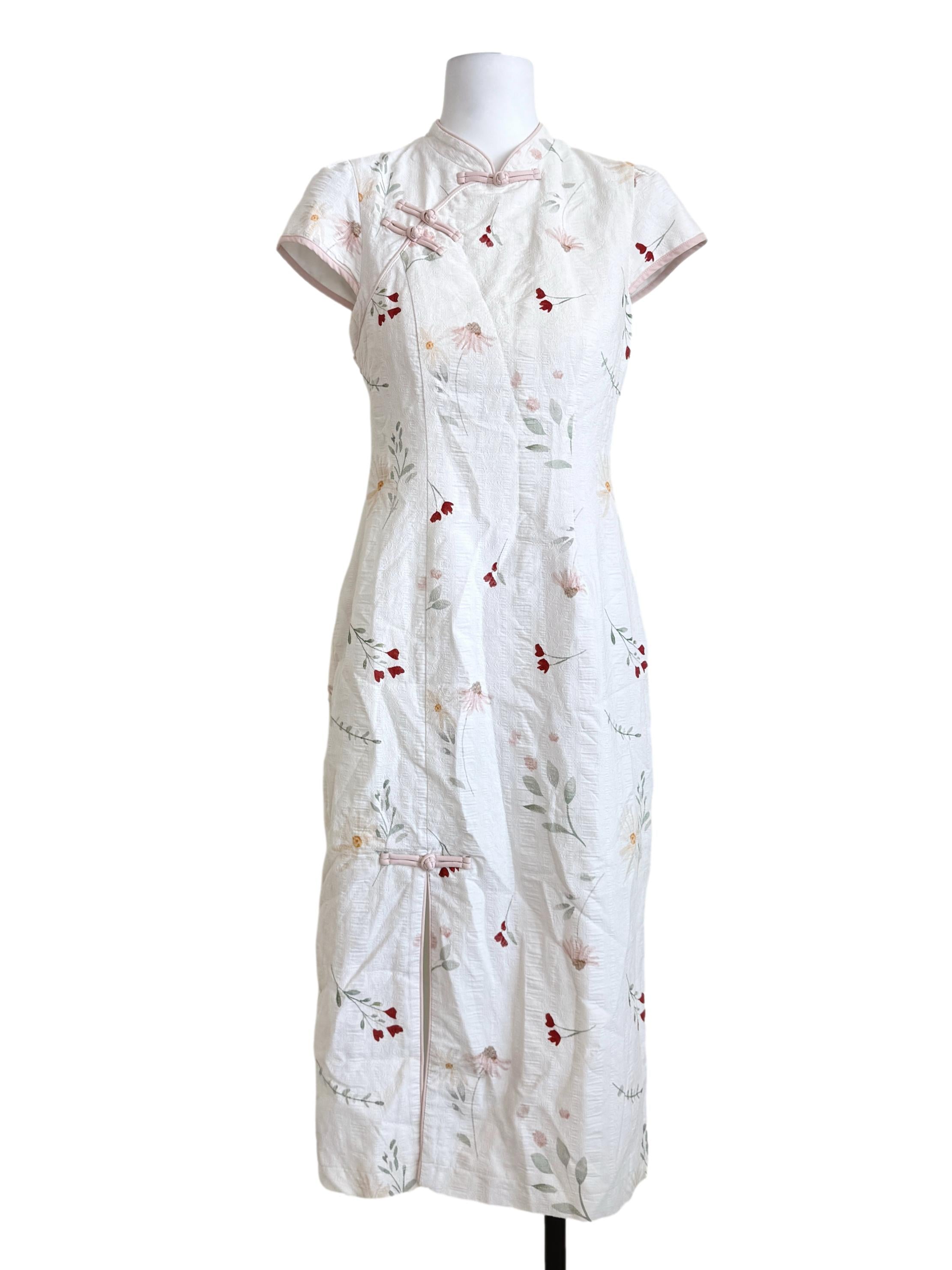 White Flower Printed Cheongsam