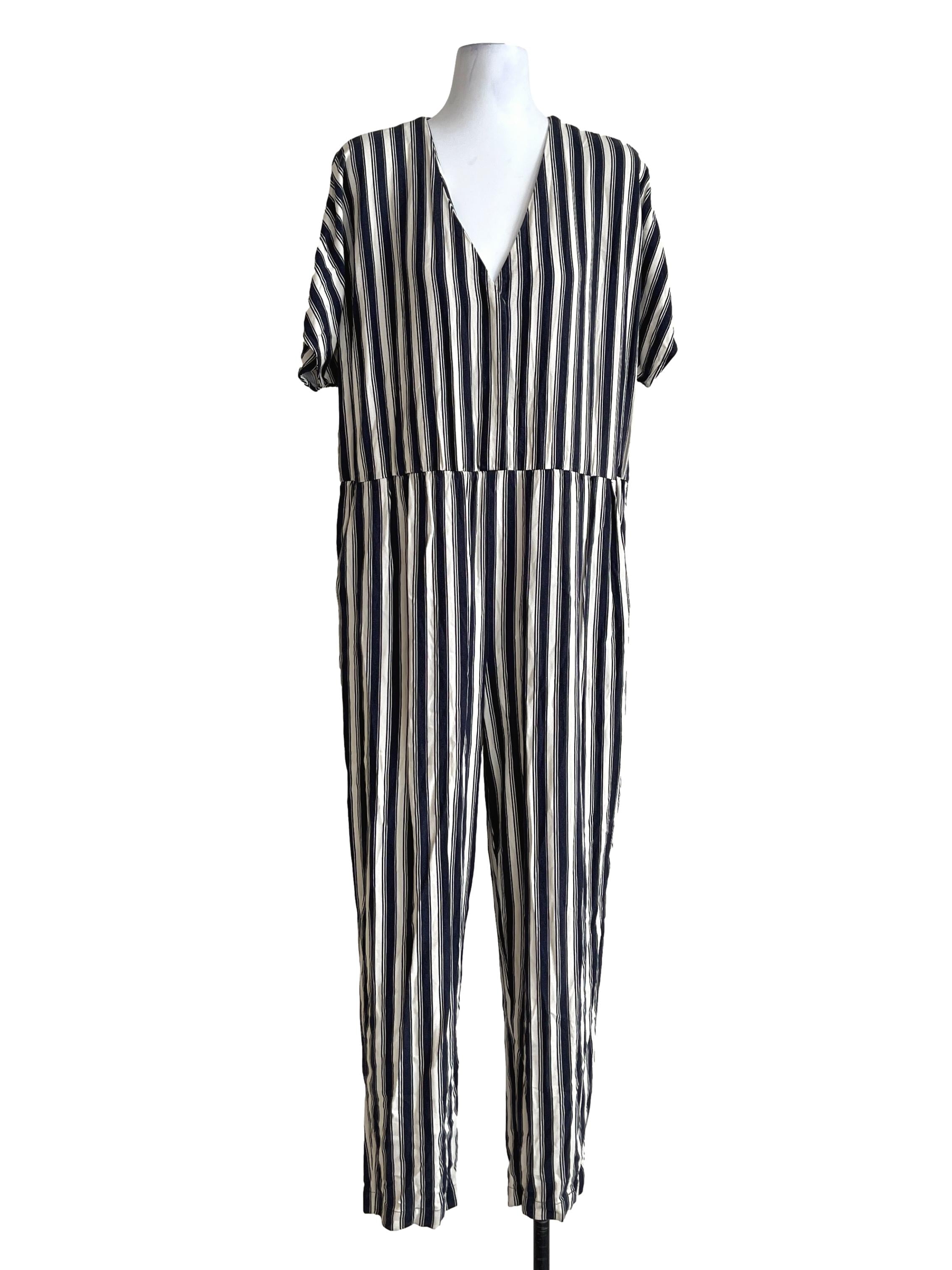 Cream White Black Stripe V-Neck Jumpsuit