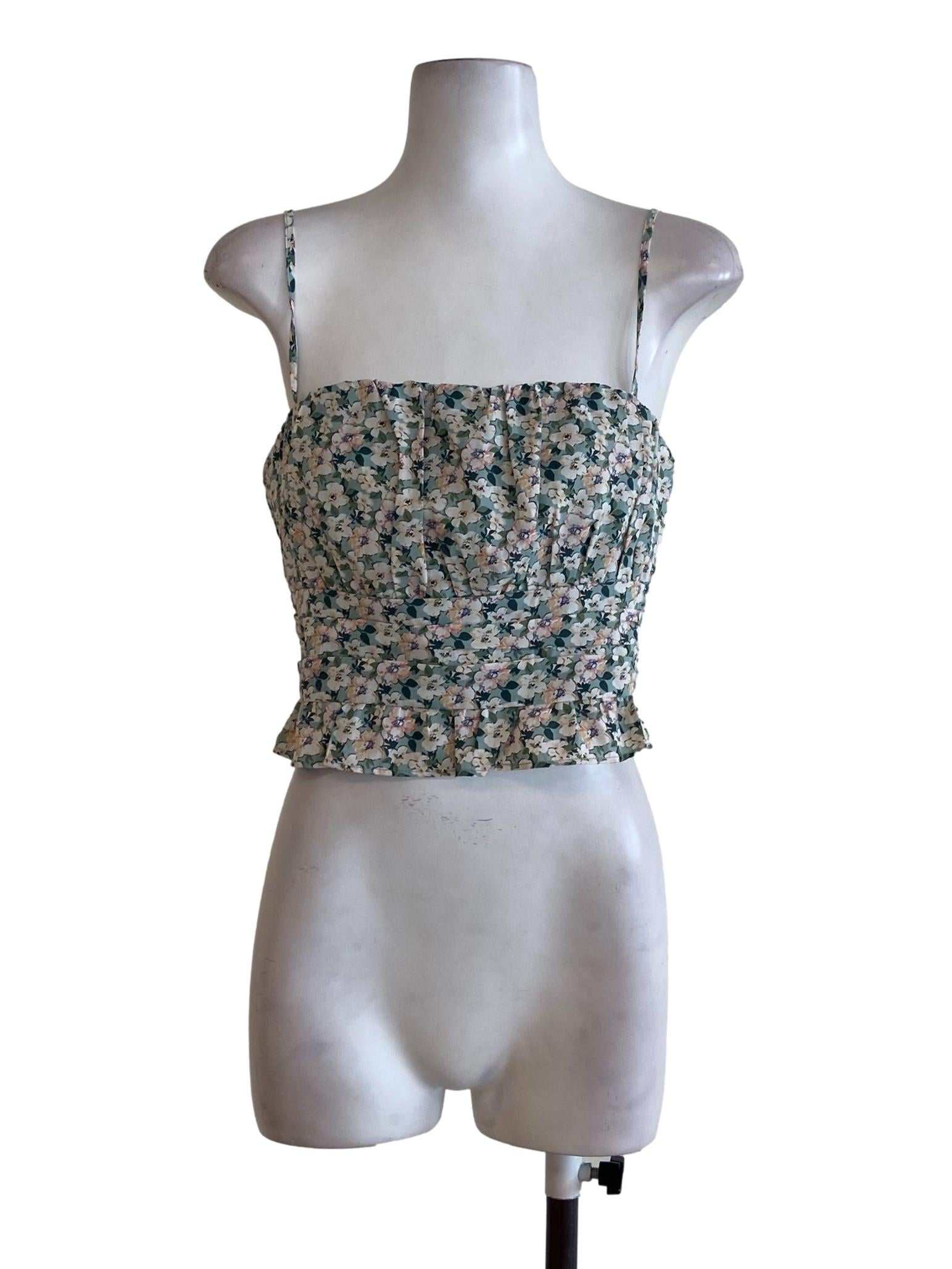 Sage Green Floral Spaghetti Strap Crop Top