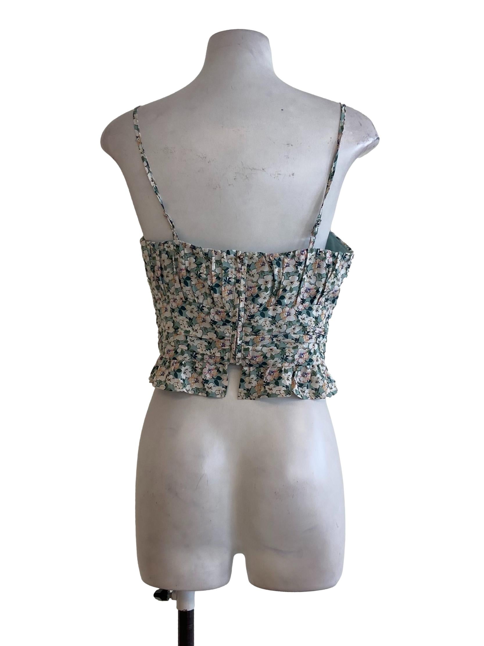 Sage Green Floral Spaghetti Strap Crop Top