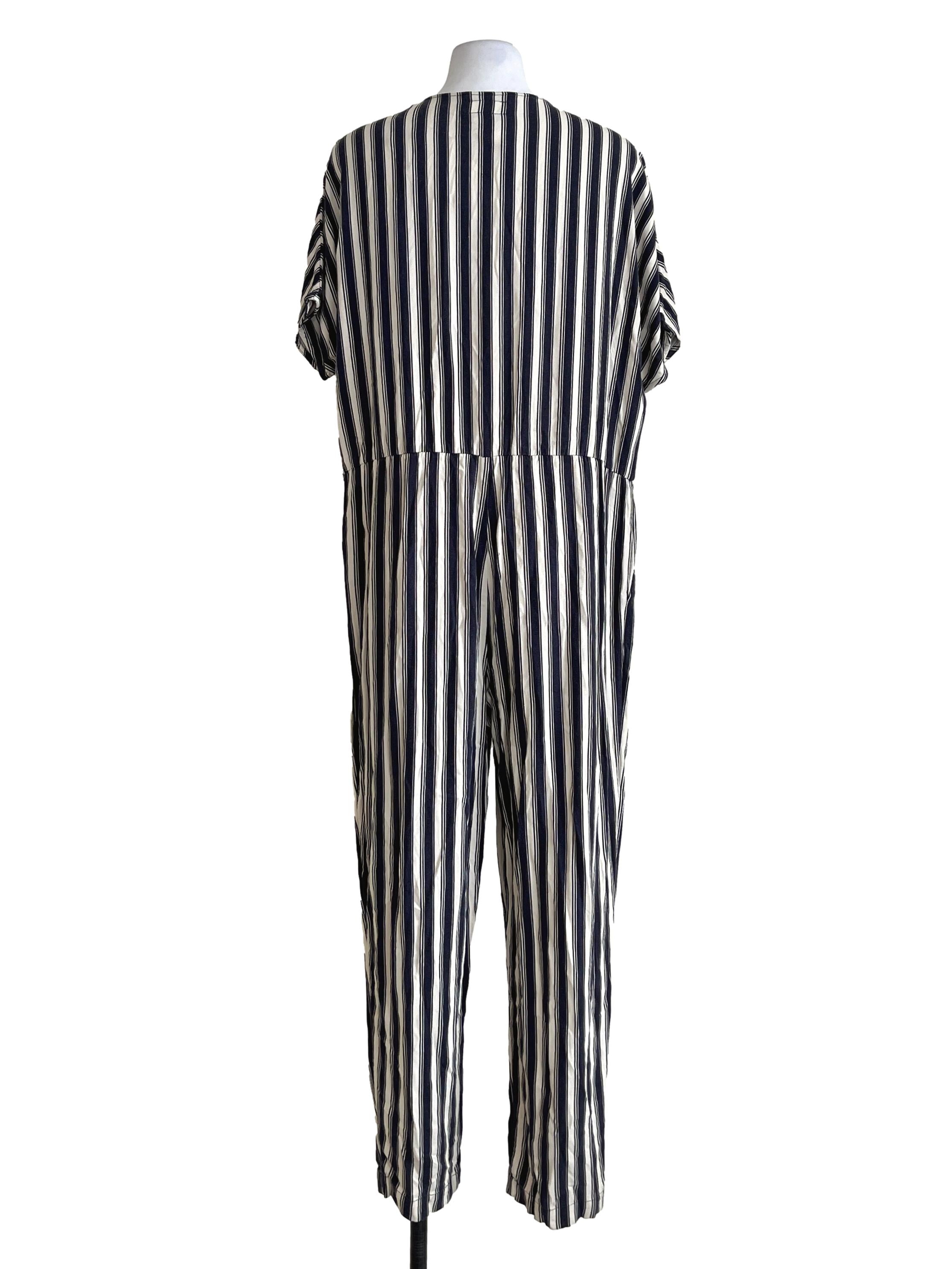 Cream White Black Stripe V-Neck Jumpsuit