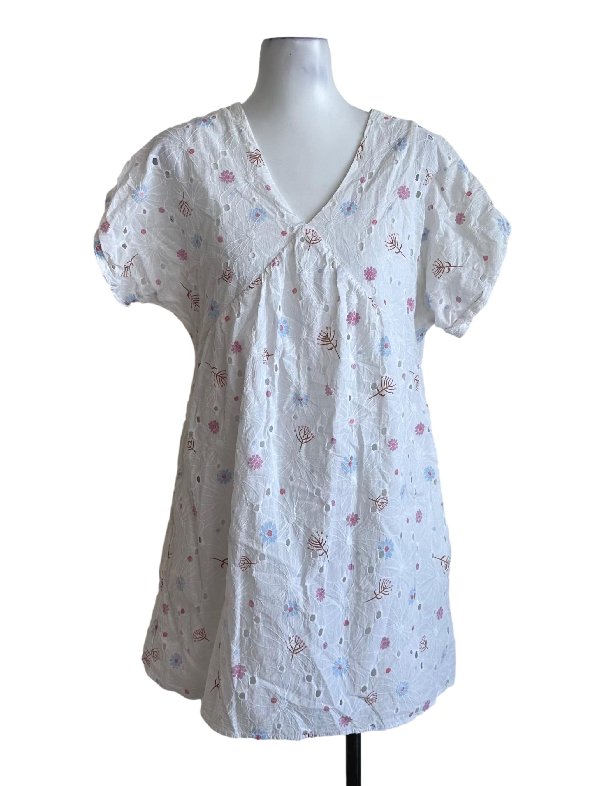 Ivory White V Neck Pattern Eyelet Embroidery Dress