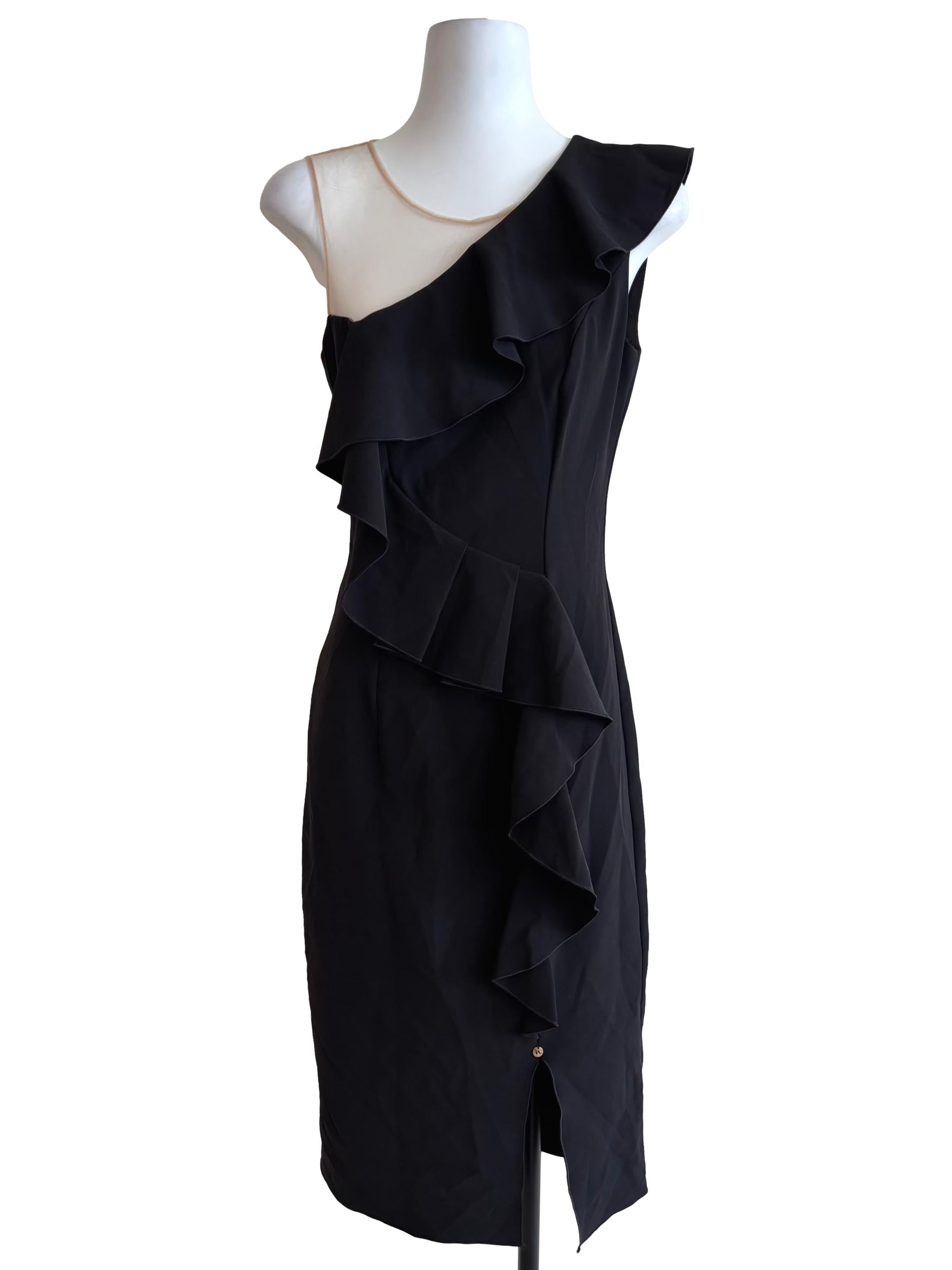Jet Black T-Shoulder Ruffle Sheath Dress
