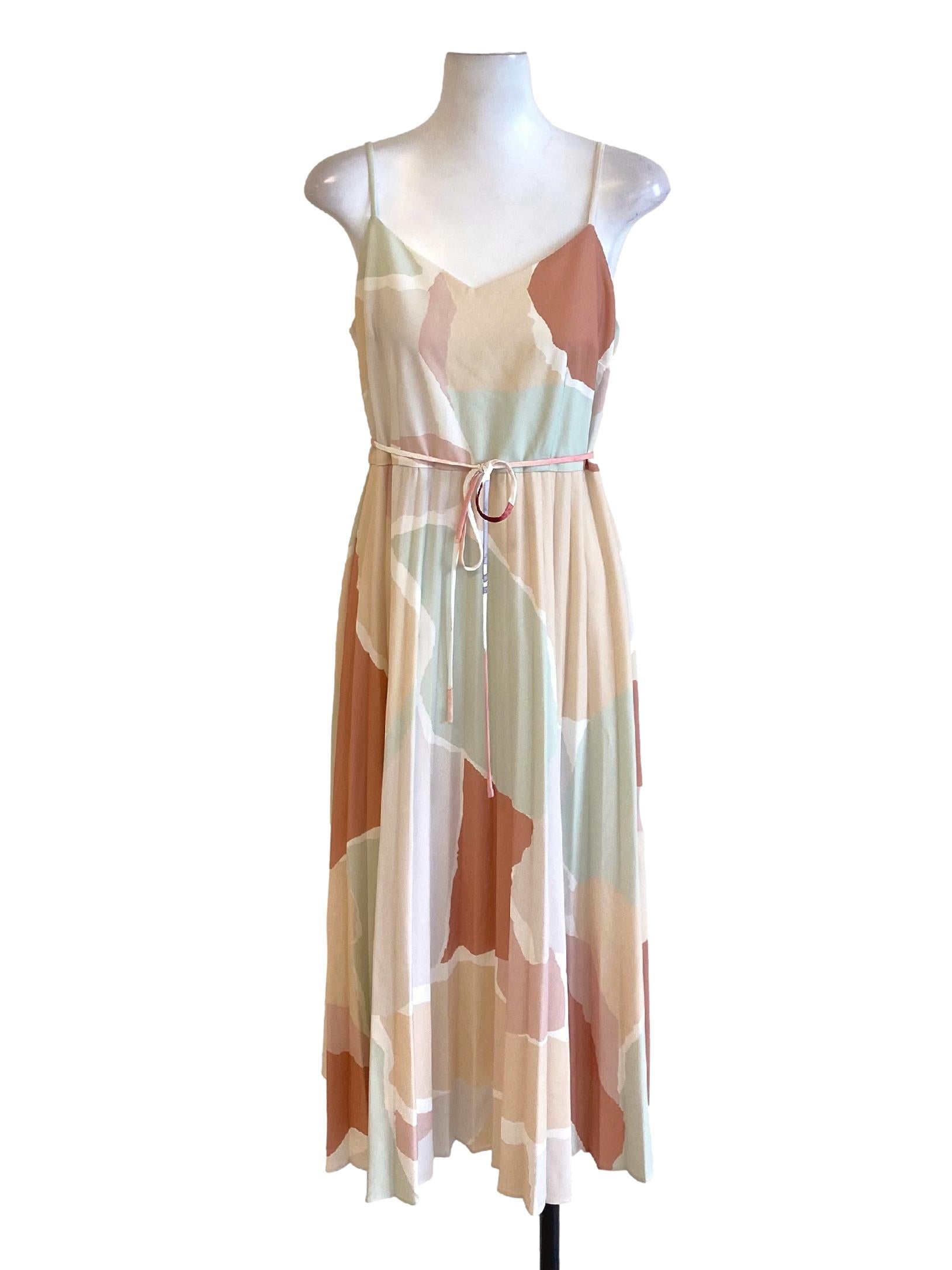 Colour Block Abstract Pleated Spaghetti Strap Sweetheart Slip Dress