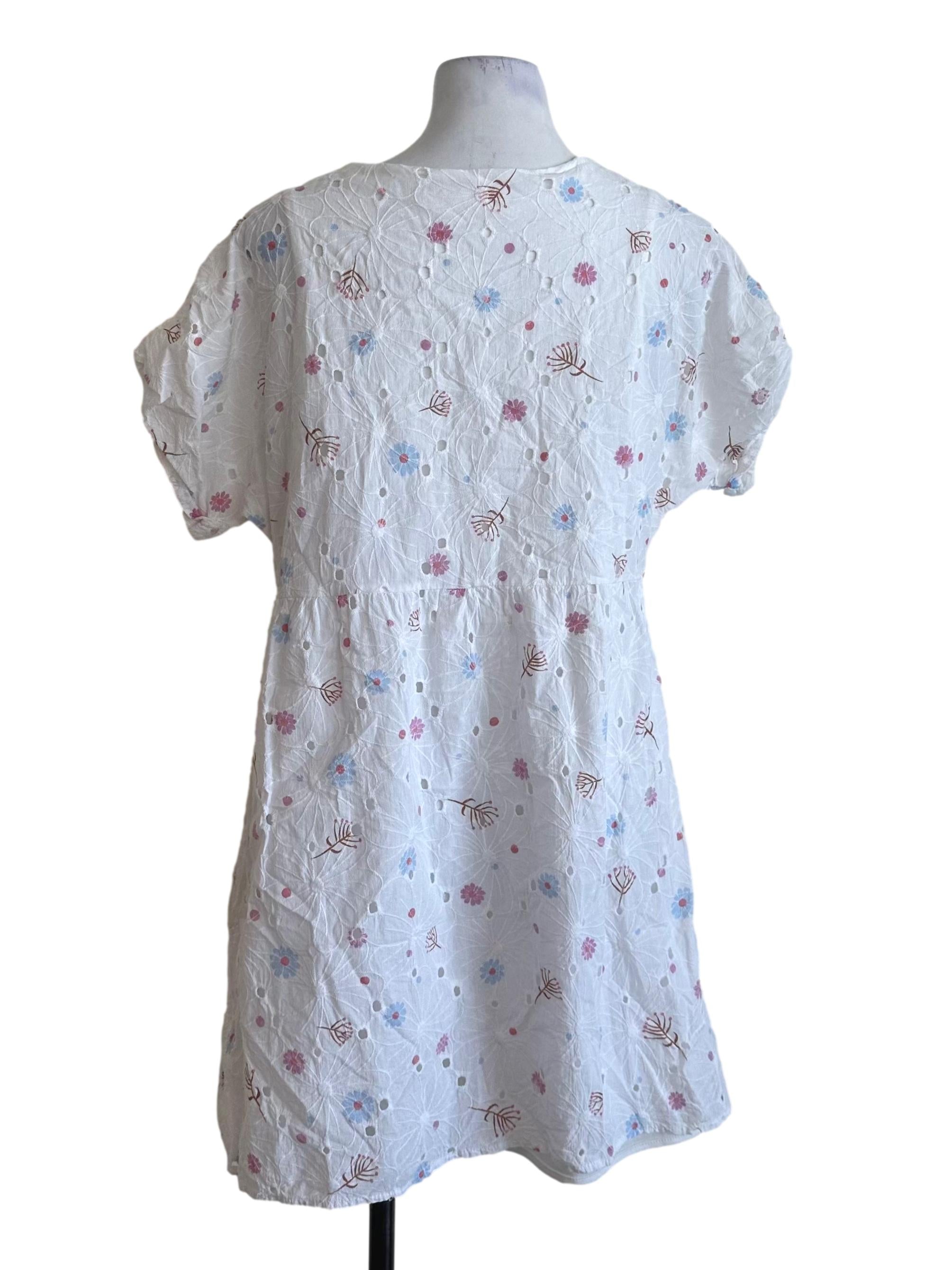 Ivory White V Neck Pattern Eyelet Embroidery Dress