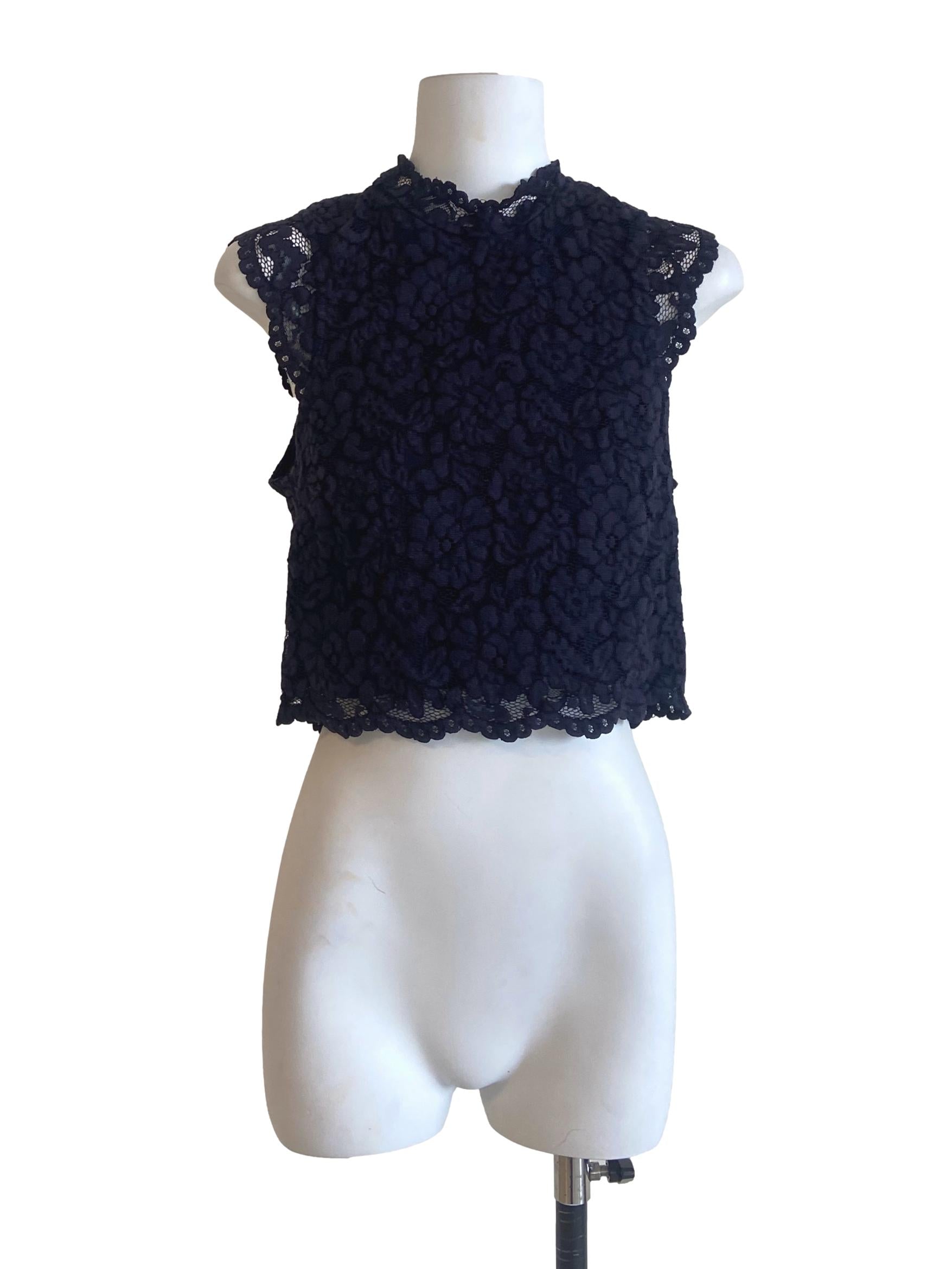 Navy Blue Floral Lace Slit Top