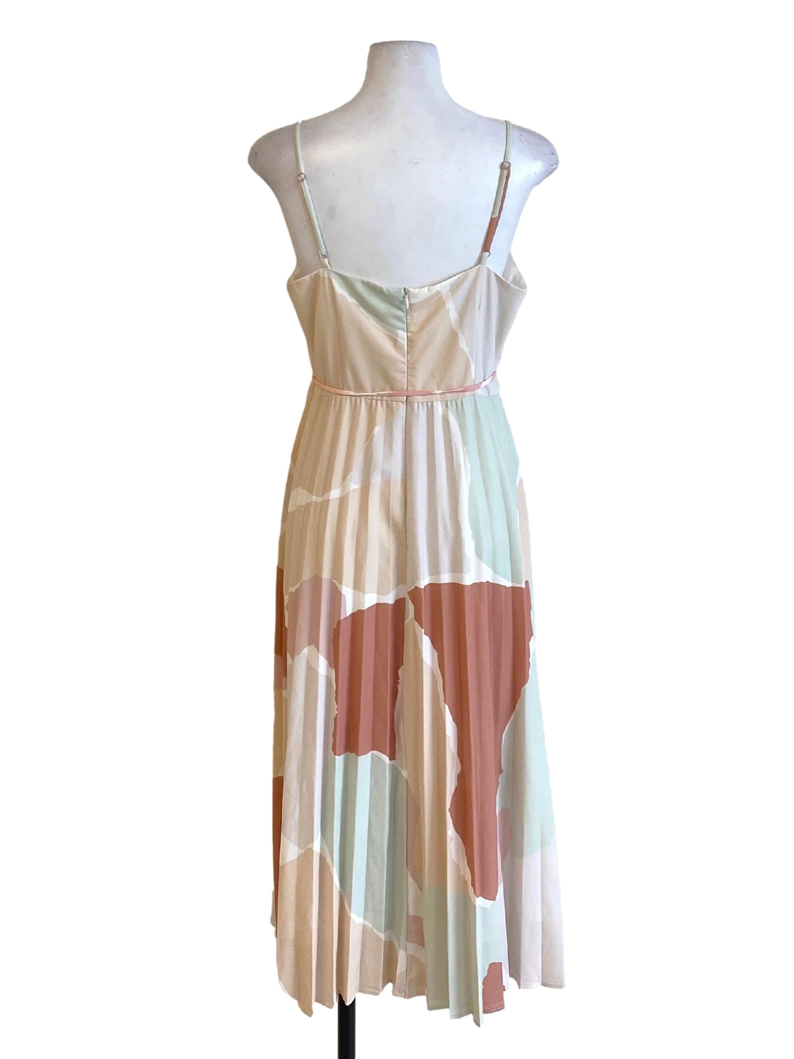 Colour Block Abstract Pleated Spaghetti Strap Sweetheart Slip Dress