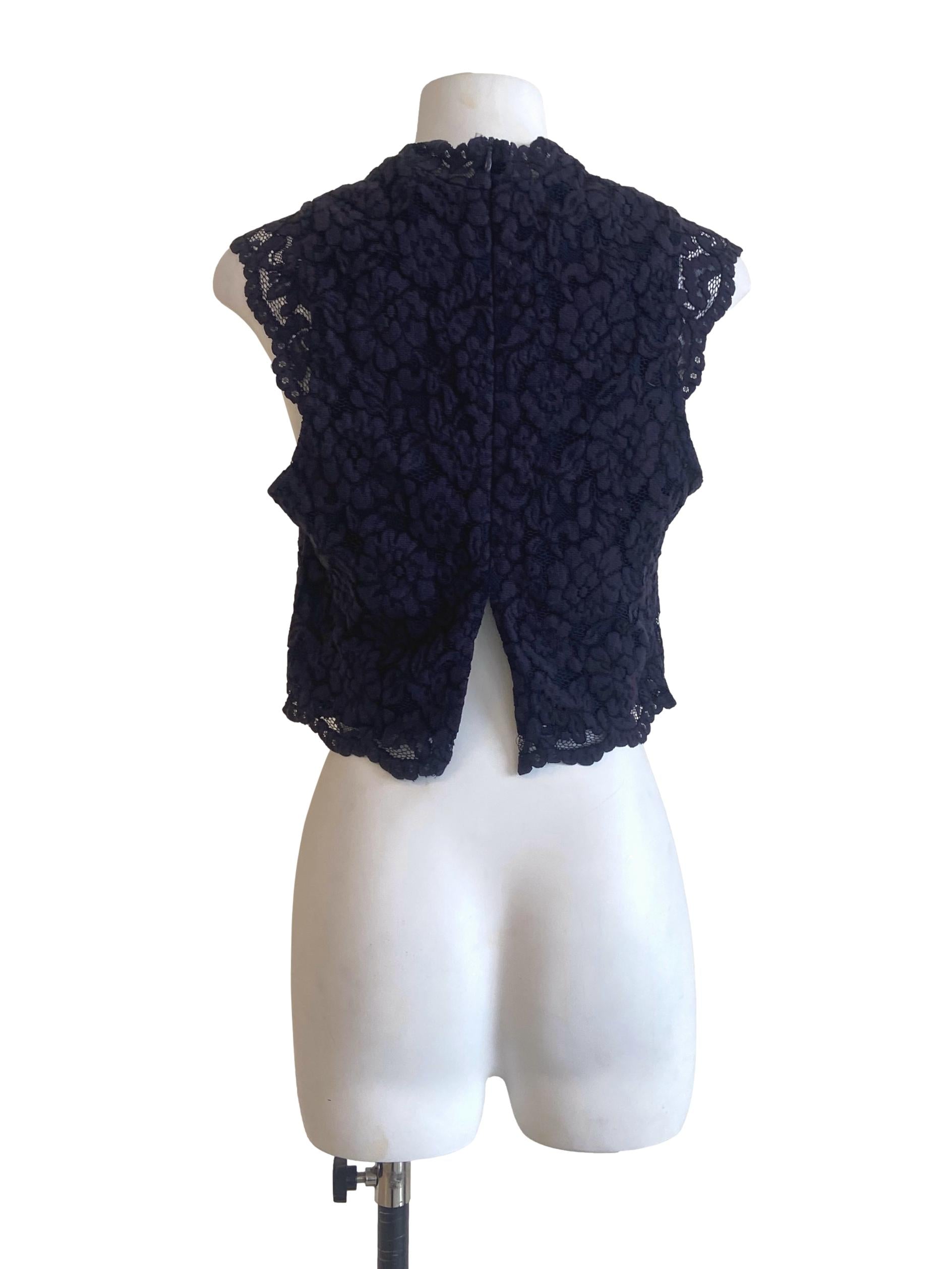 Navy Blue Floral Lace Slit Top