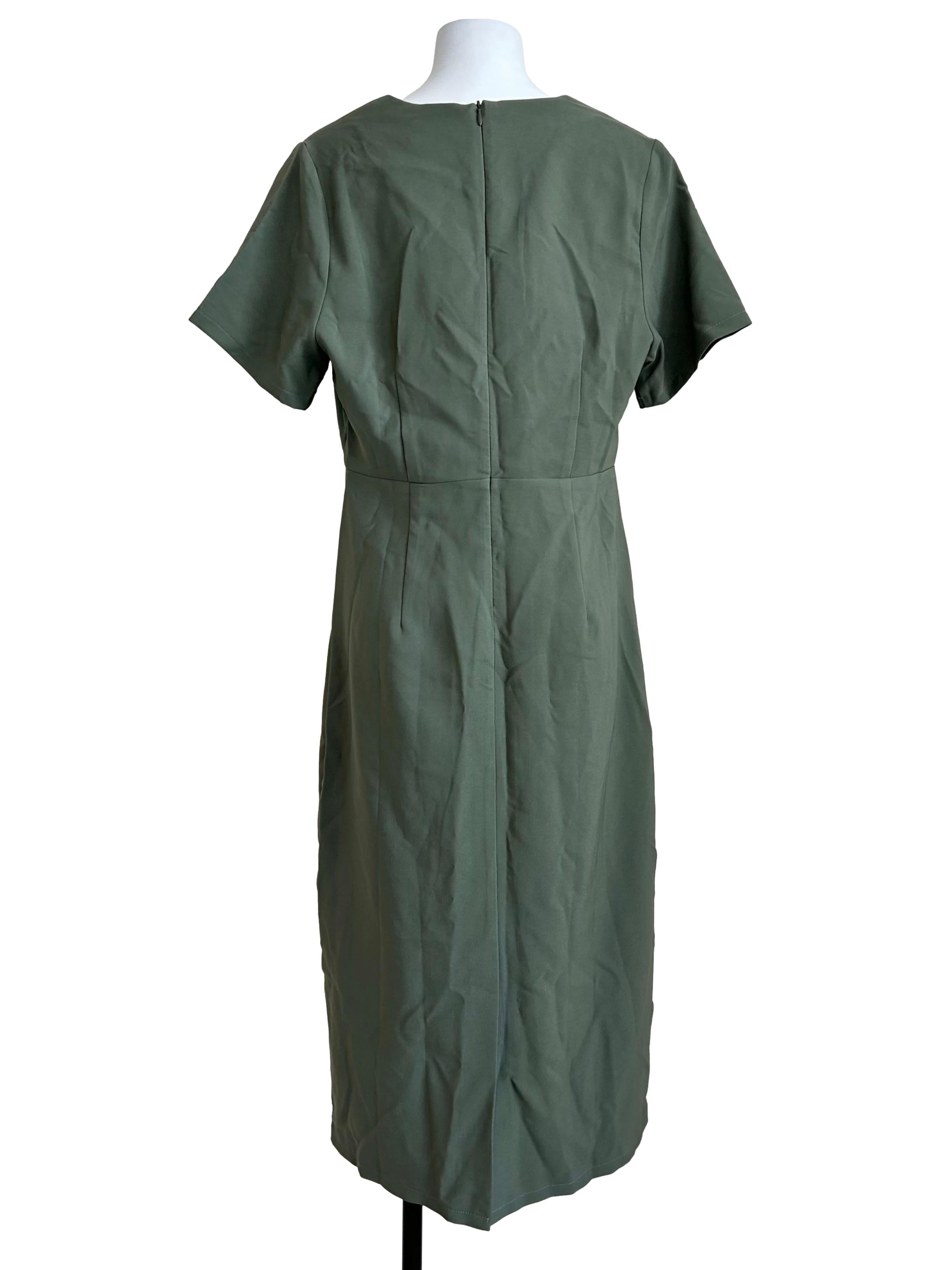 Olive Button-Placket Short-Sleeve Midi Dress