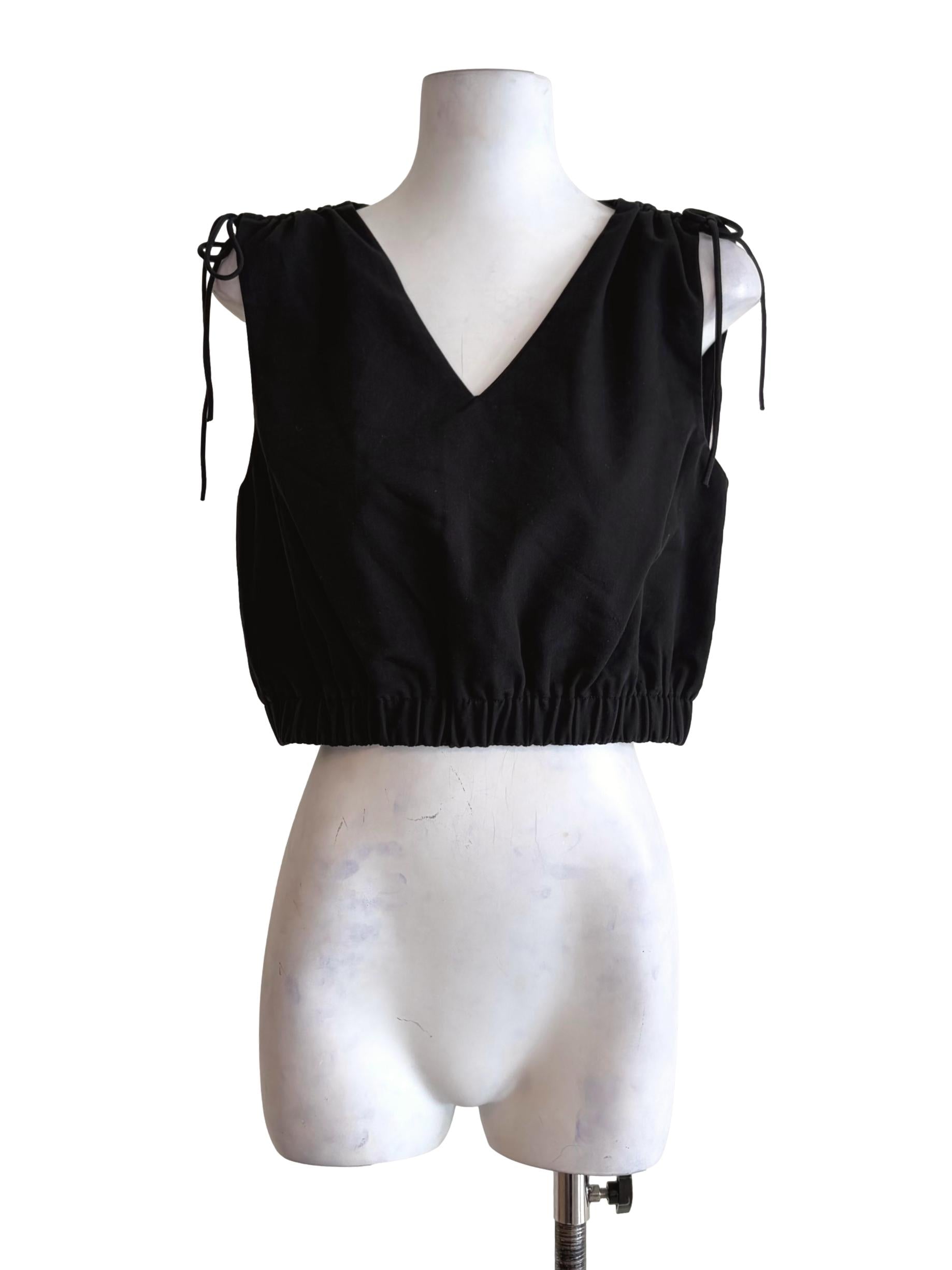 Raven Black Ribboned Tied Sleeve Crop Top