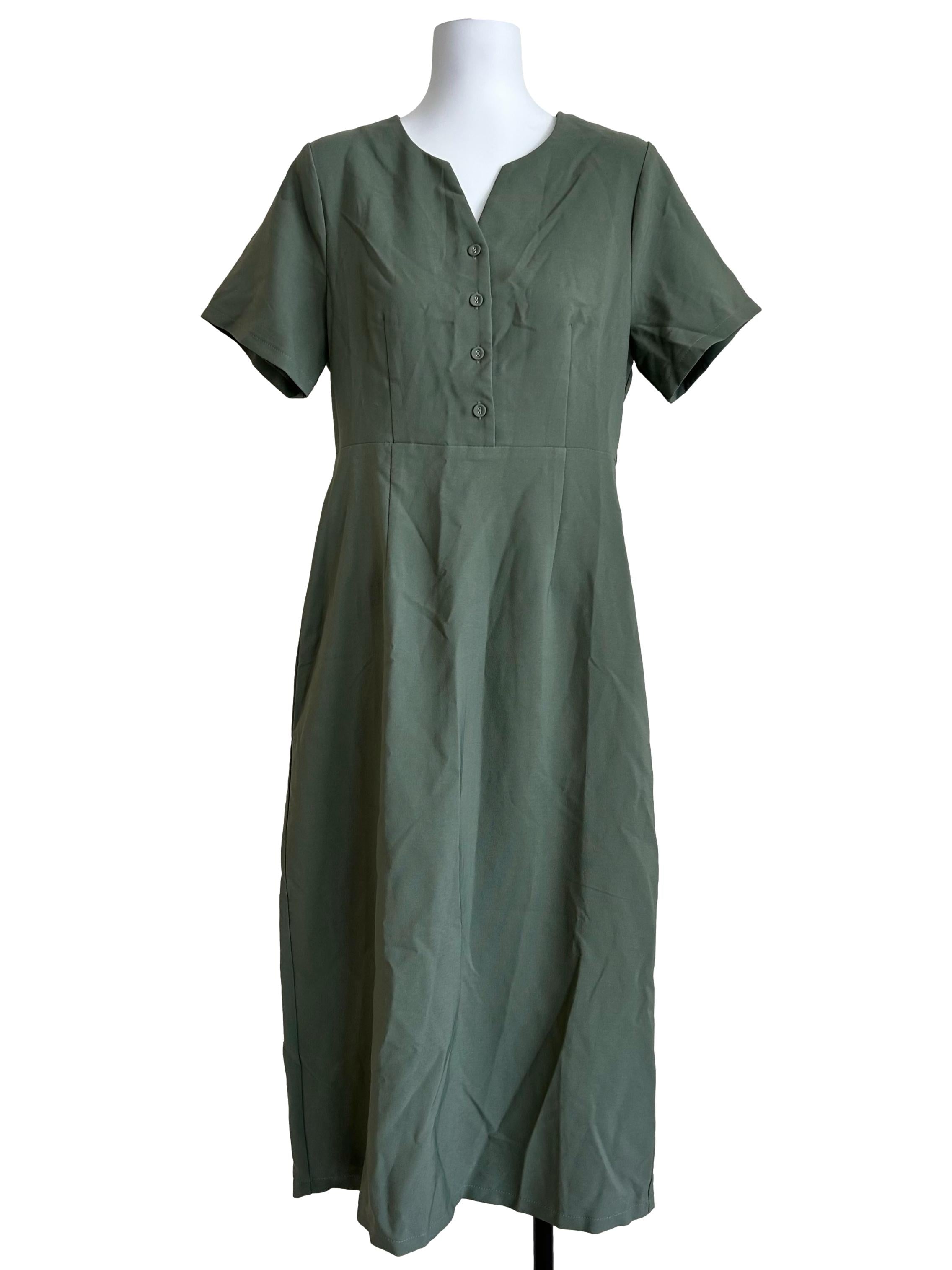 Olive Button-Placket Short-Sleeve Midi Dress